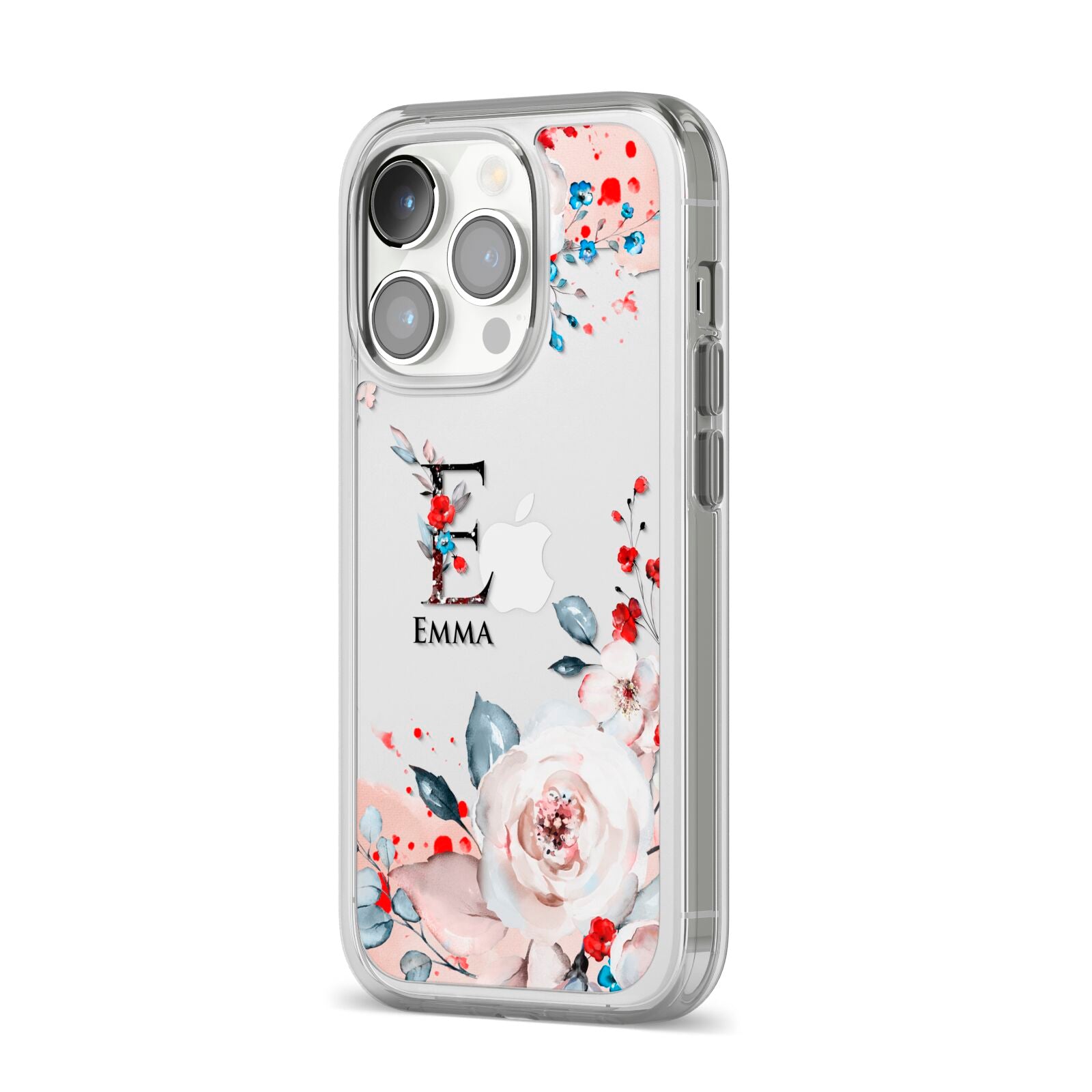 Monogrammed Roses Floral Wreath iPhone 14 Pro Clear Tough Case Silver Angled Image