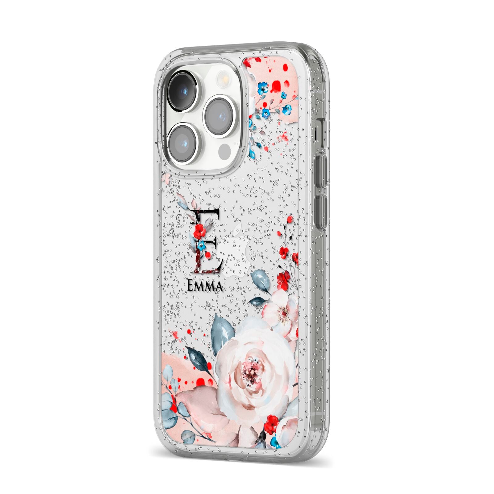 Monogrammed Roses Floral Wreath iPhone 14 Pro Glitter Tough Case Silver Angled Image