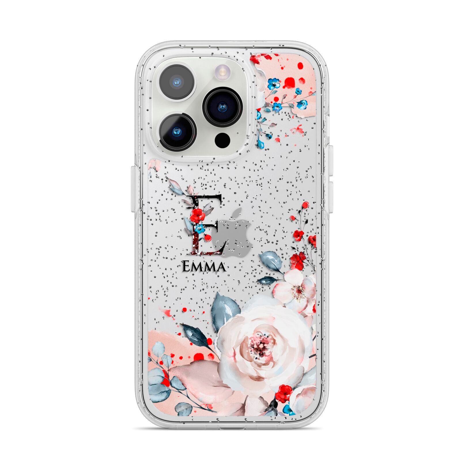 Monogrammed Roses Floral Wreath iPhone 14 Pro Glitter Tough Case Silver