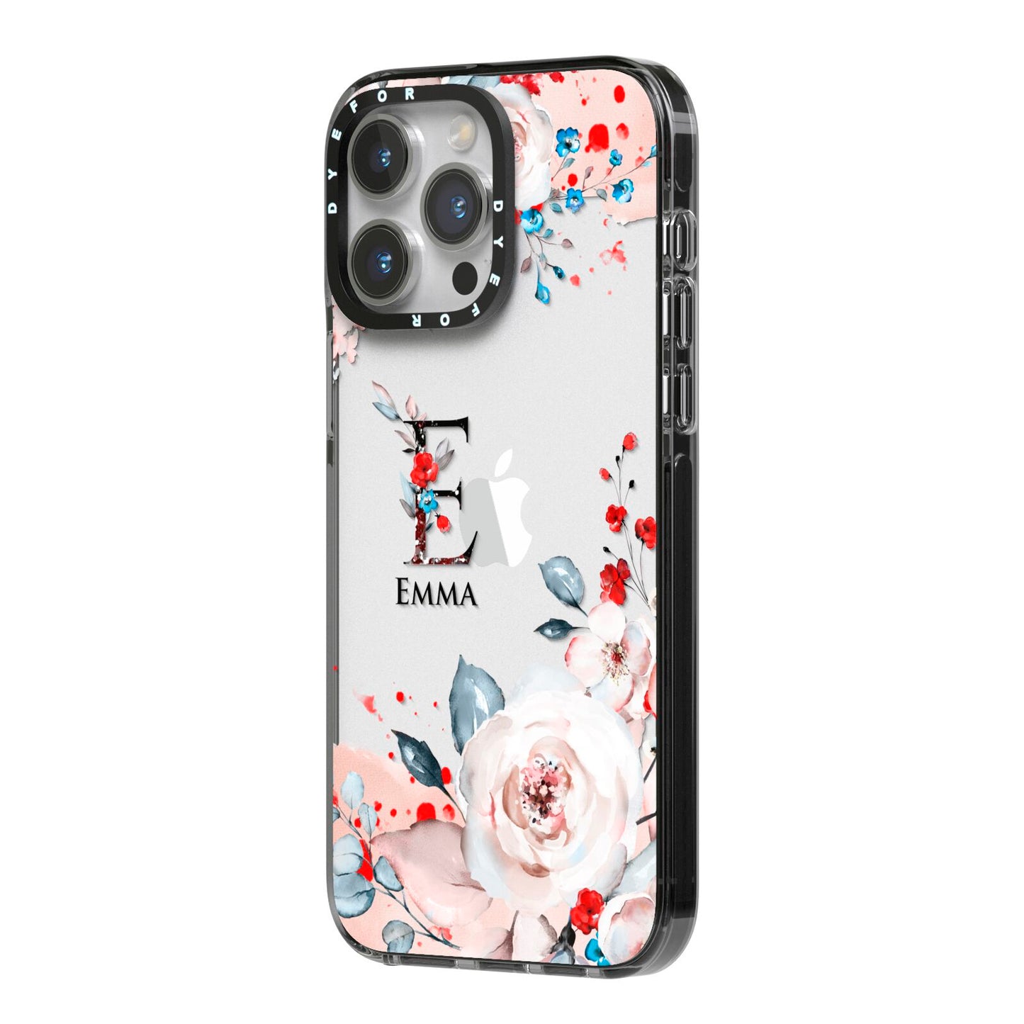 Monogrammed Roses Floral Wreath iPhone 14 Pro Max Black Impact Case Side Angle on Silver phone