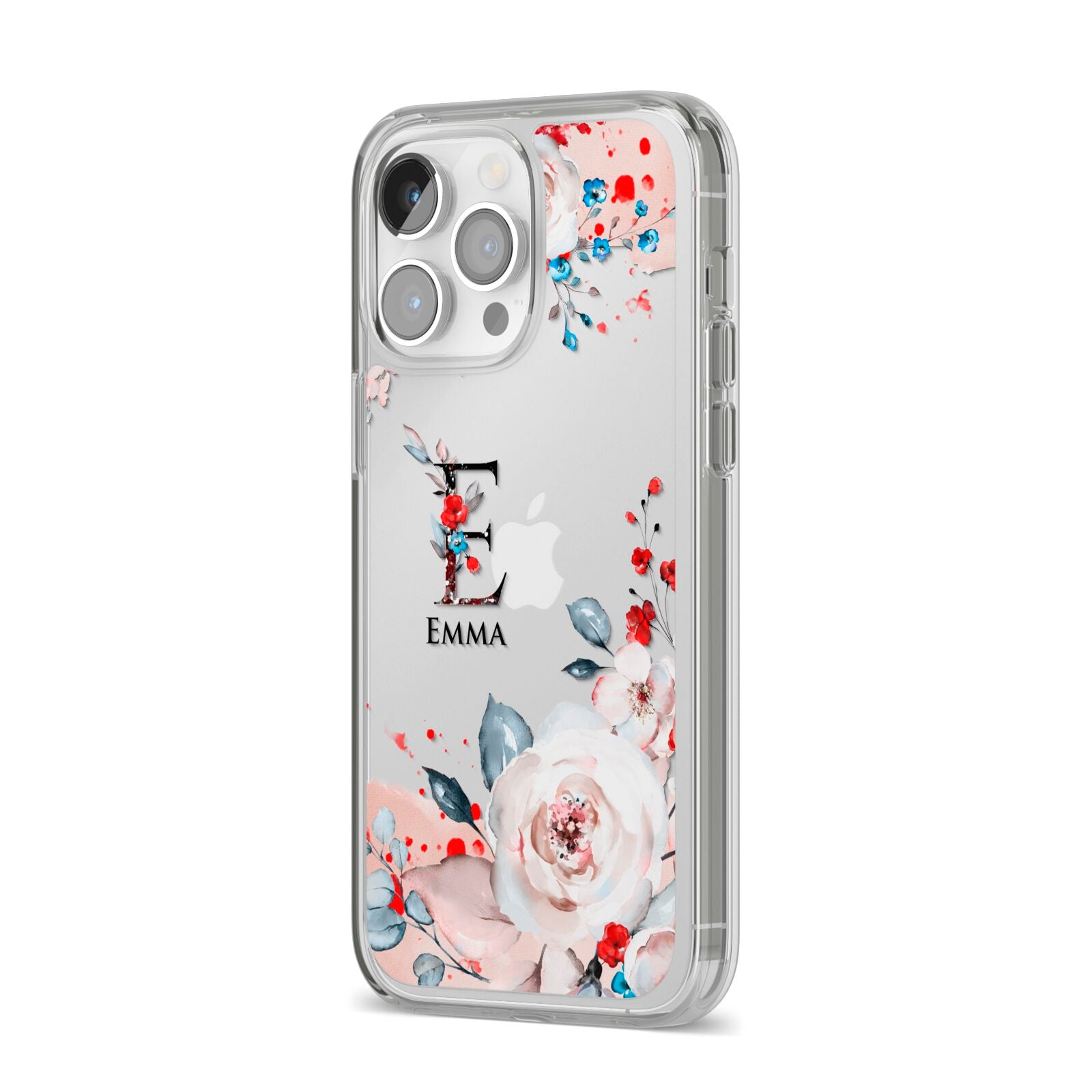 Monogrammed Roses Floral Wreath iPhone 14 Pro Max Clear Tough Case Silver Angled Image