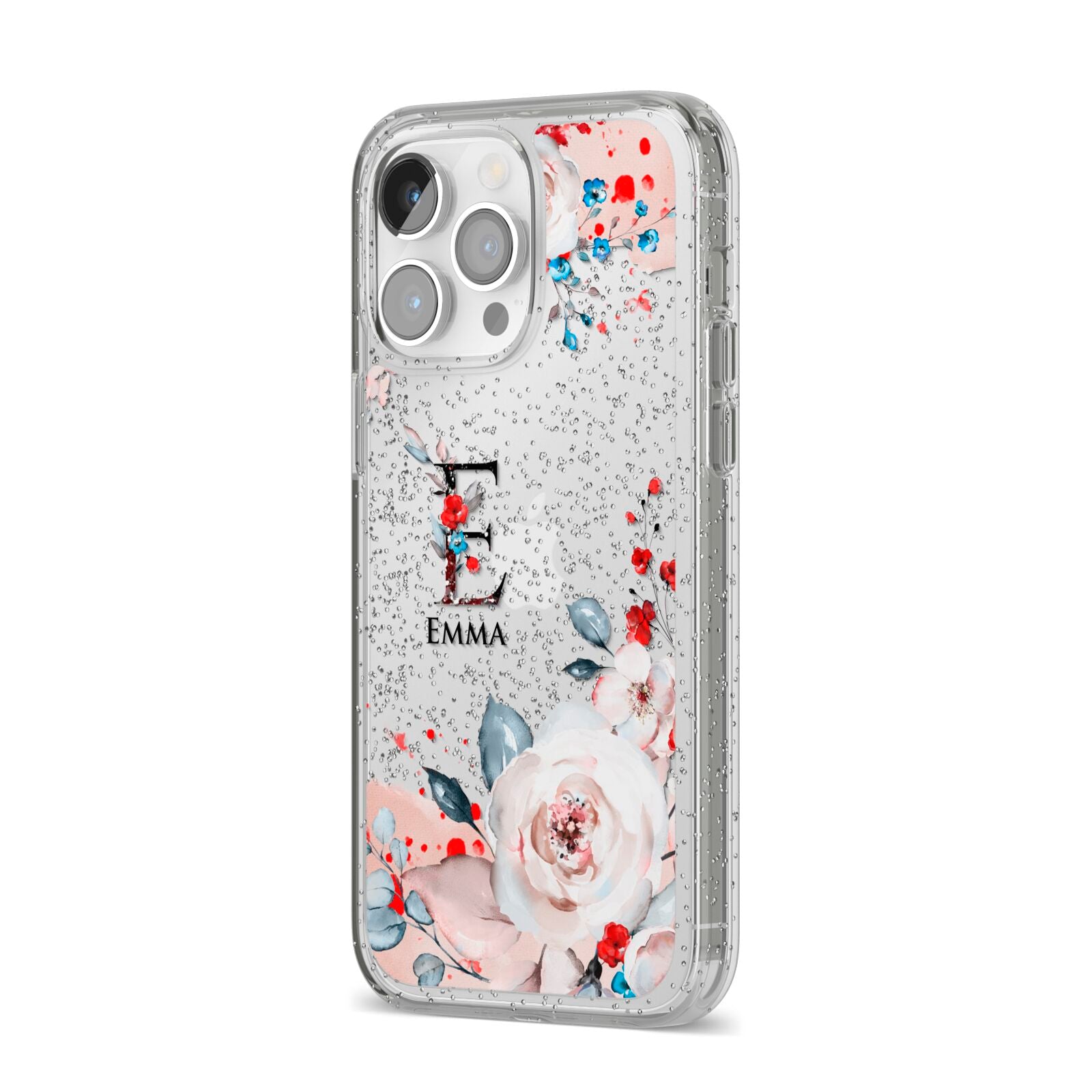 Monogrammed Roses Floral Wreath iPhone 14 Pro Max Glitter Tough Case Silver Angled Image