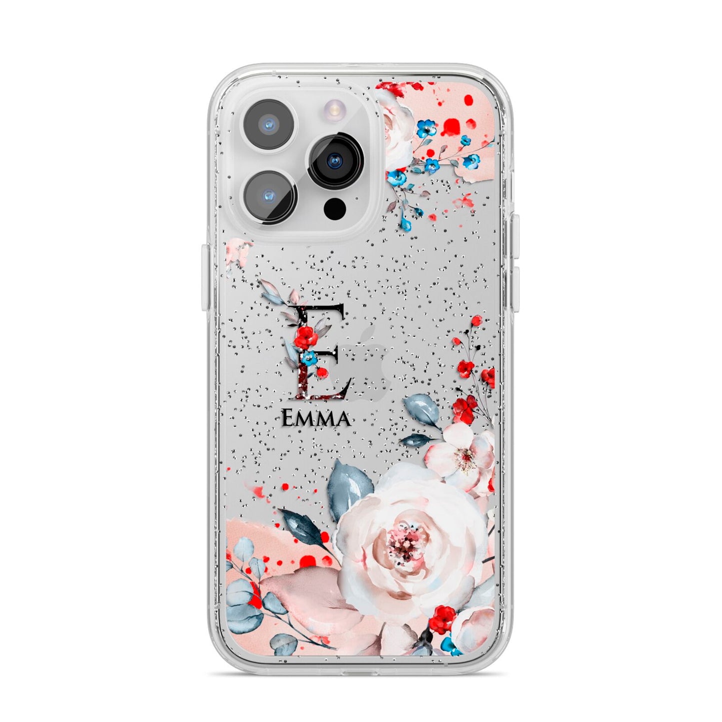 Monogrammed Roses Floral Wreath iPhone 14 Pro Max Glitter Tough Case Silver