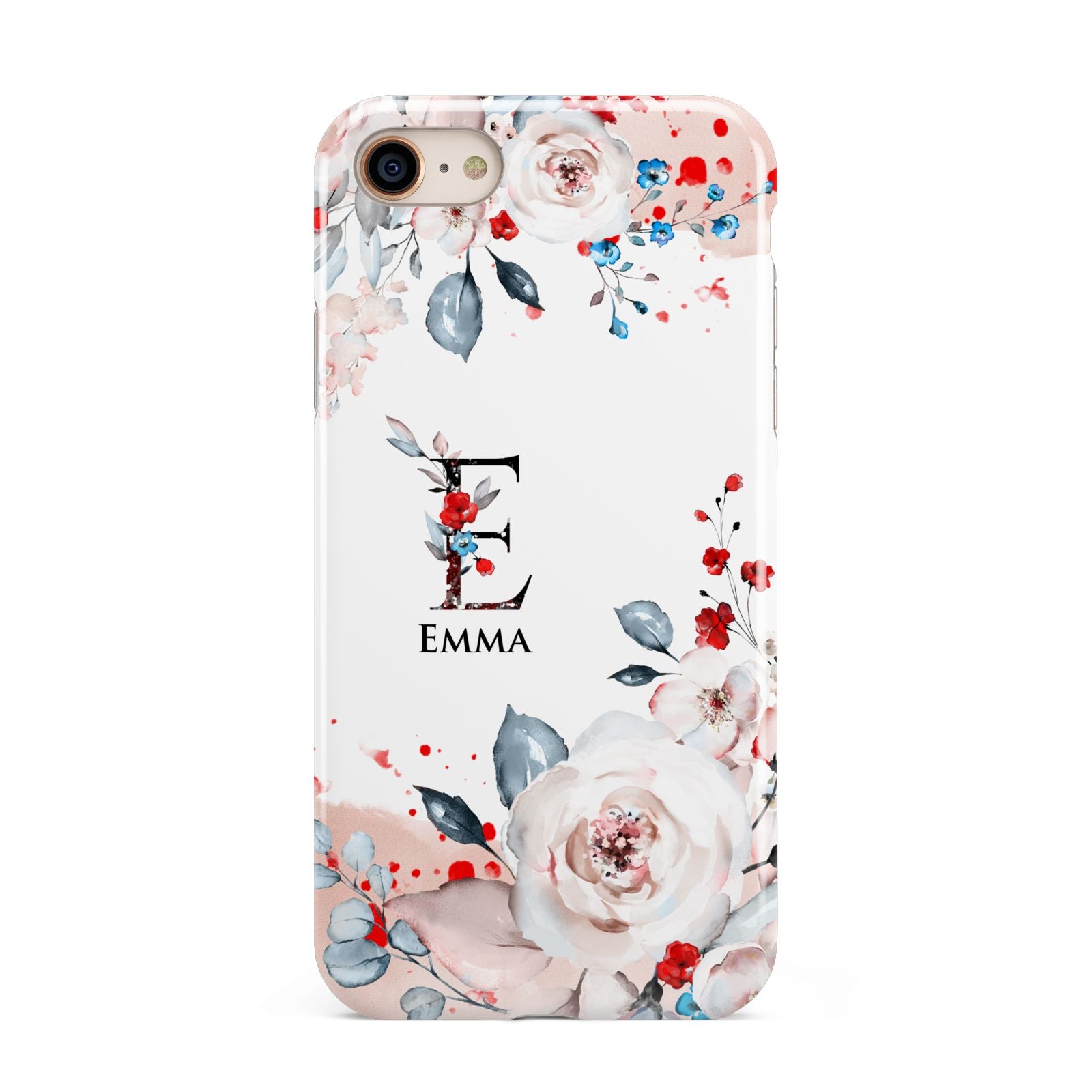 Monogrammed Roses Floral Wreath iPhone 8 3D Tough Case on Gold Phone