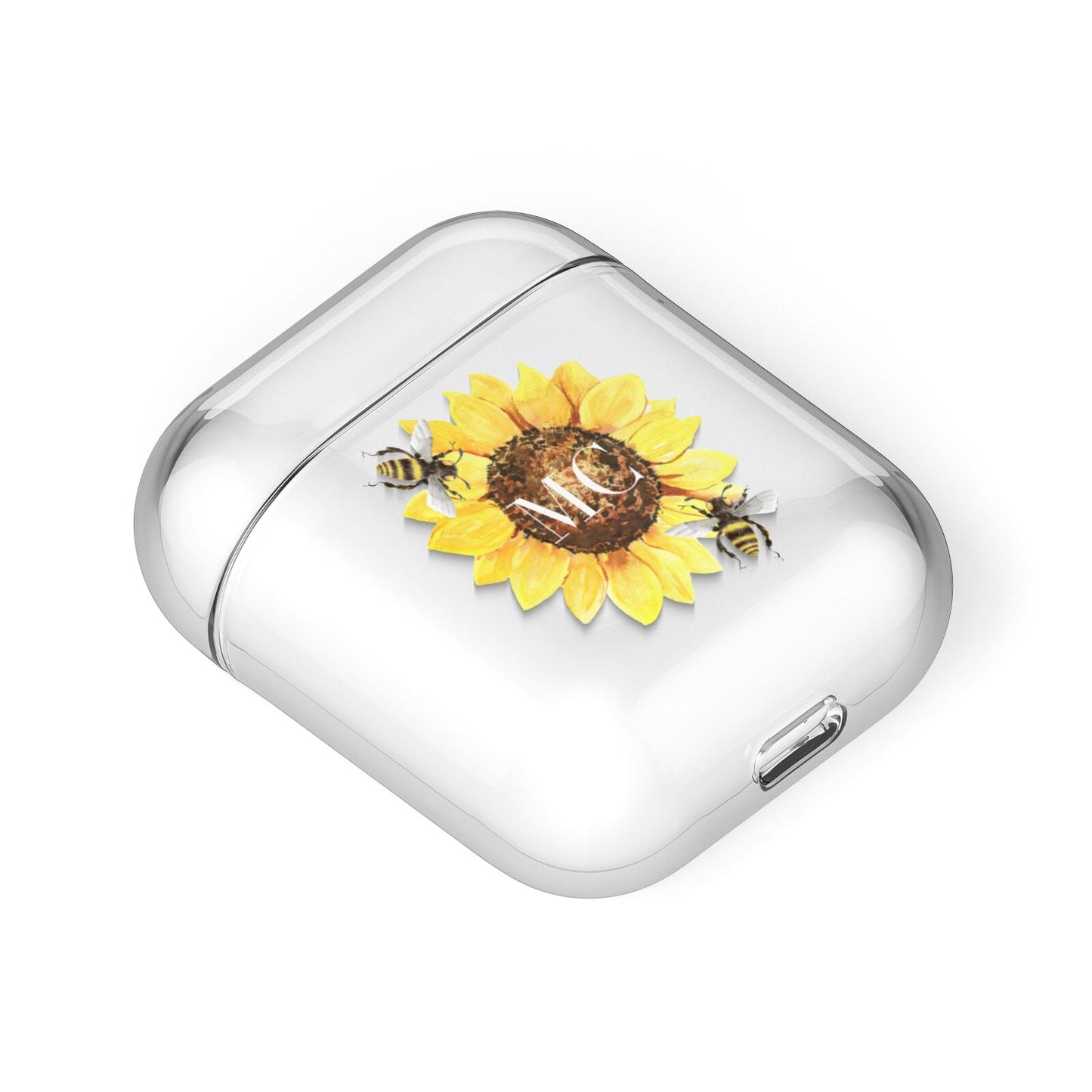 Monogrammed Sunflower with Little Bees AirPods Case Laid Flat