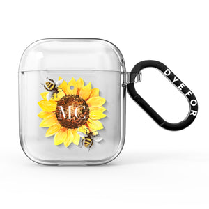 AirPods-Hülle mit Monogramm „Sonnenblume mit kleinen Bienen“.