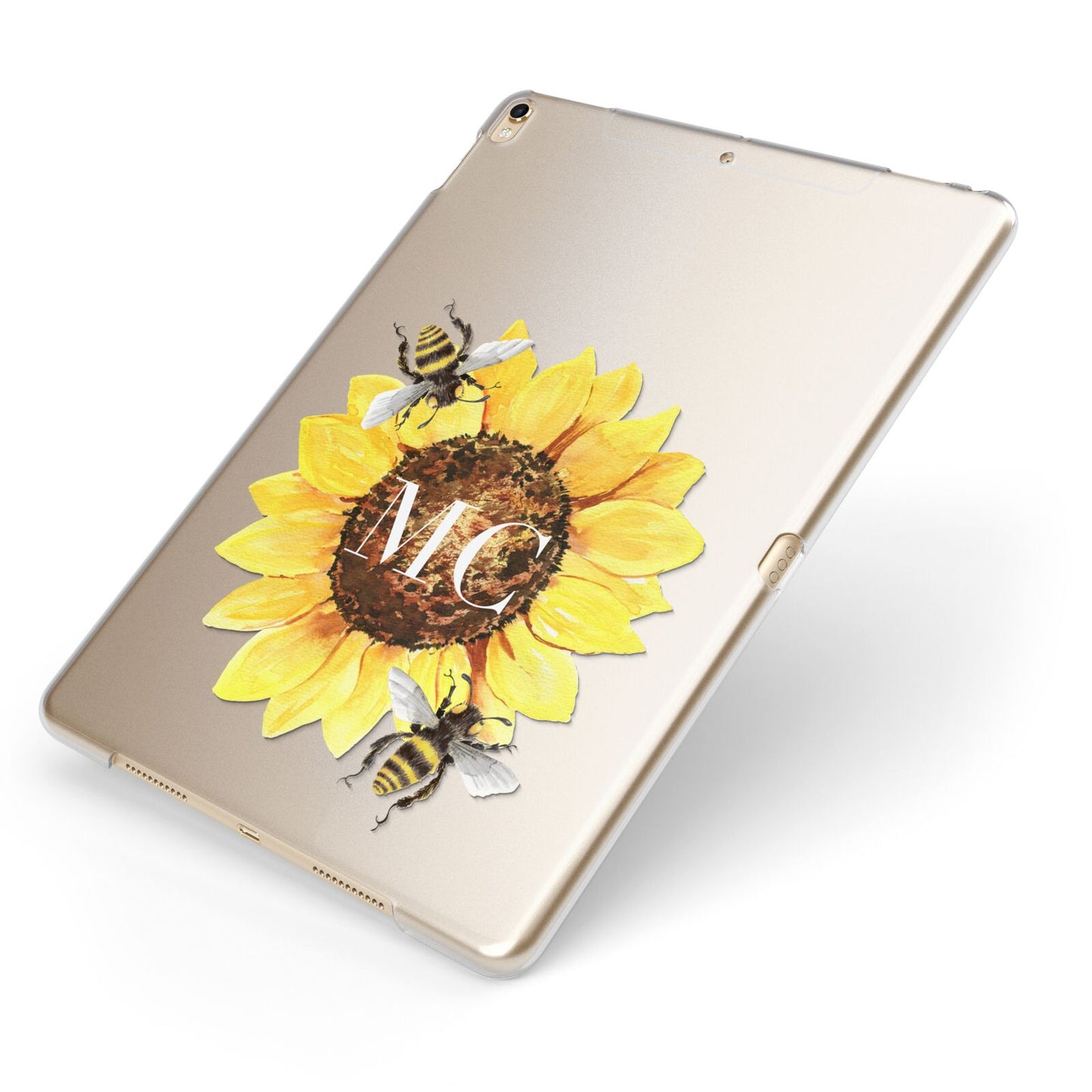 Monogrammed Sunflower with Little Bees Apple iPad Case on Gold iPad Side View