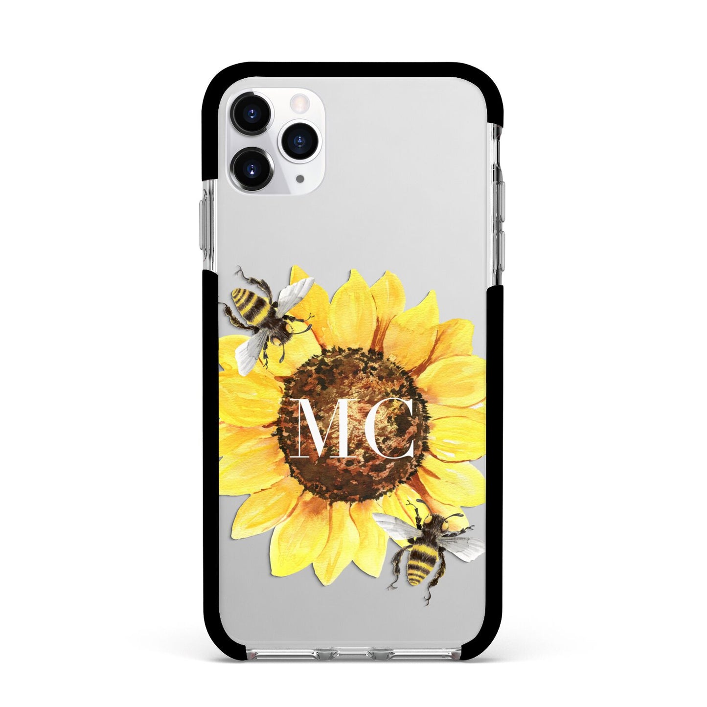 Monogrammed Sunflower with Little Bees Apple iPhone 11 Pro Max in Silver with Black Impact Case