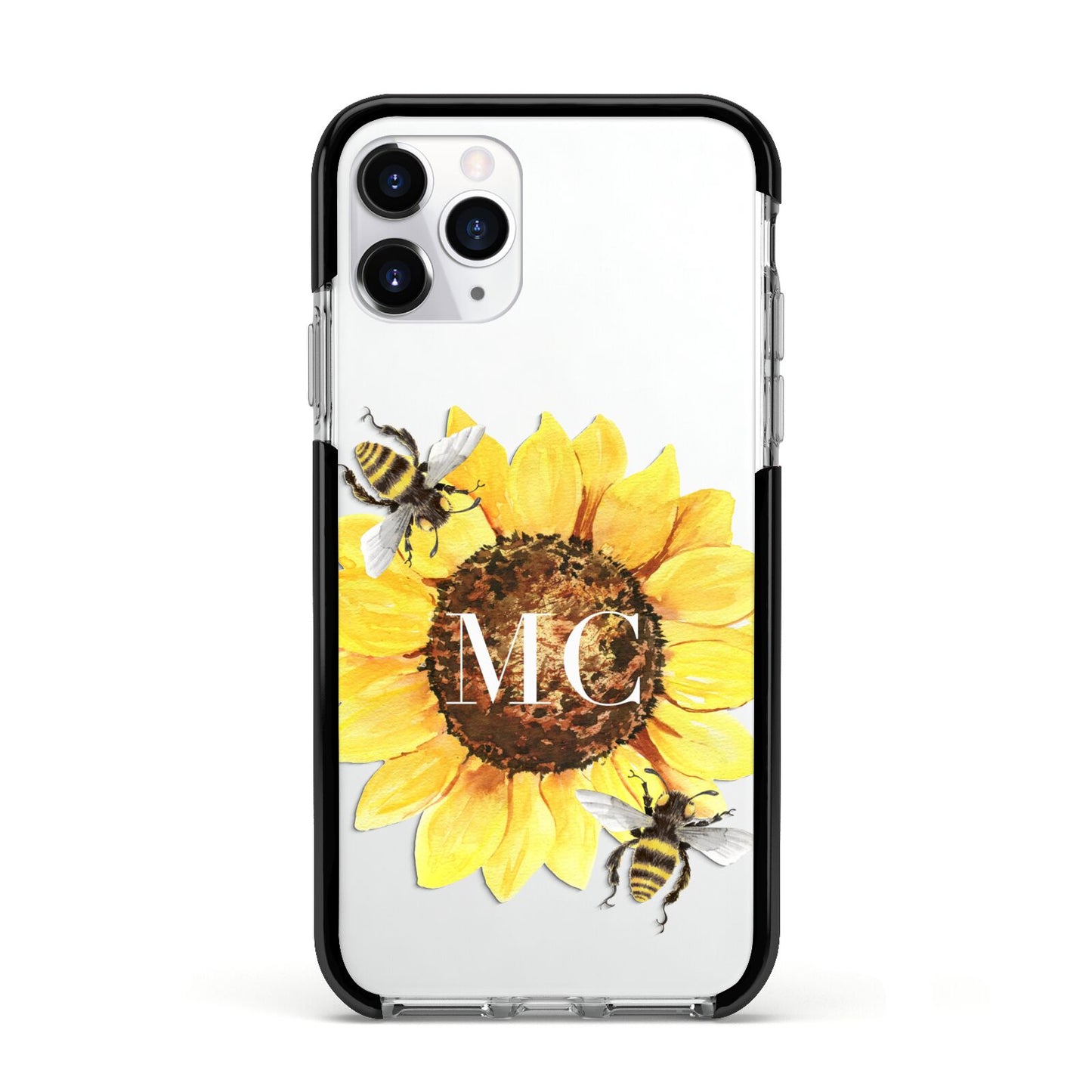 Monogrammed Sunflower with Little Bees Apple iPhone 11 Pro in Silver with Black Impact Case