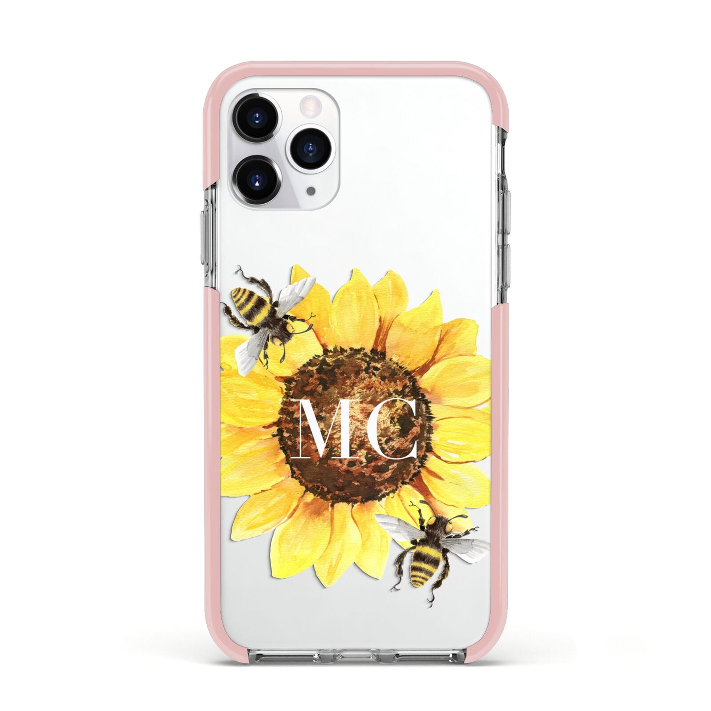 Monogrammed Sunflower with Little Bees Apple iPhone 11 Pro in Silver with Pink Impact Case