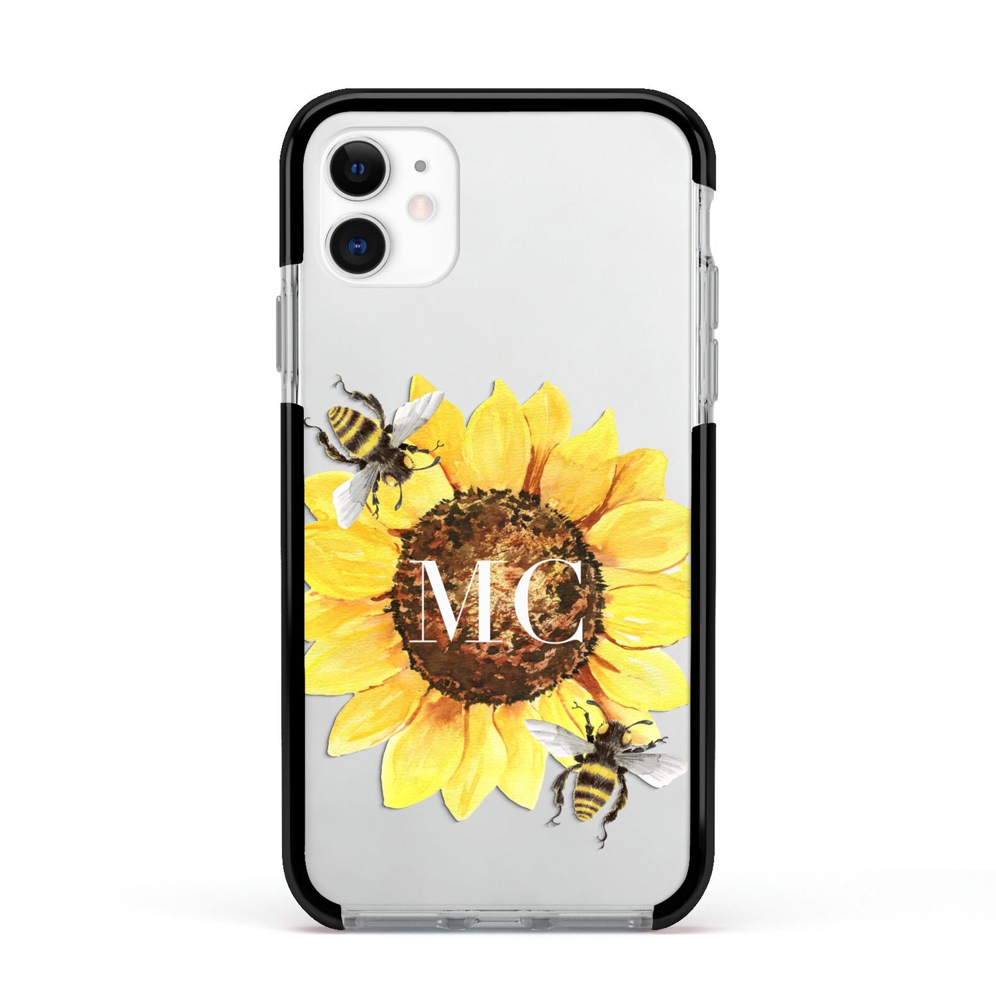 Monogrammed Sunflower with Little Bees Apple iPhone 11 in White with Black Impact Case