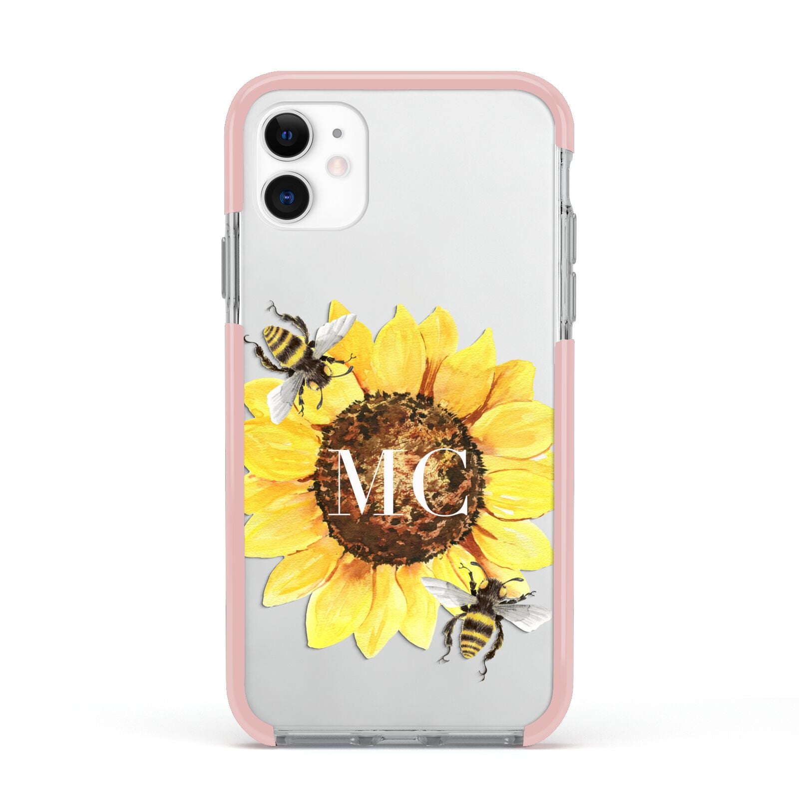 Monogrammed Sunflower with Little Bees Apple iPhone 11 in White with Pink Impact Case