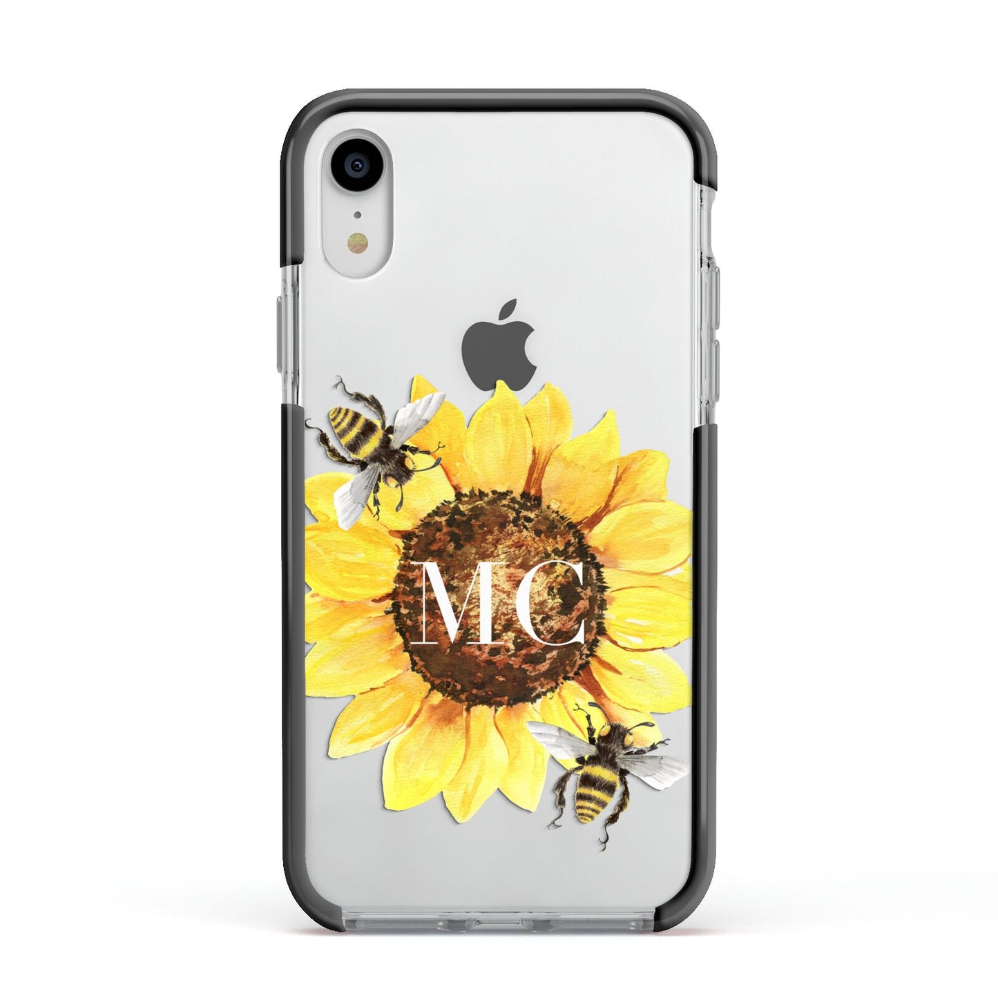 Monogrammed Sunflower with Little Bees Apple iPhone XR Impact Case Black Edge on Silver Phone