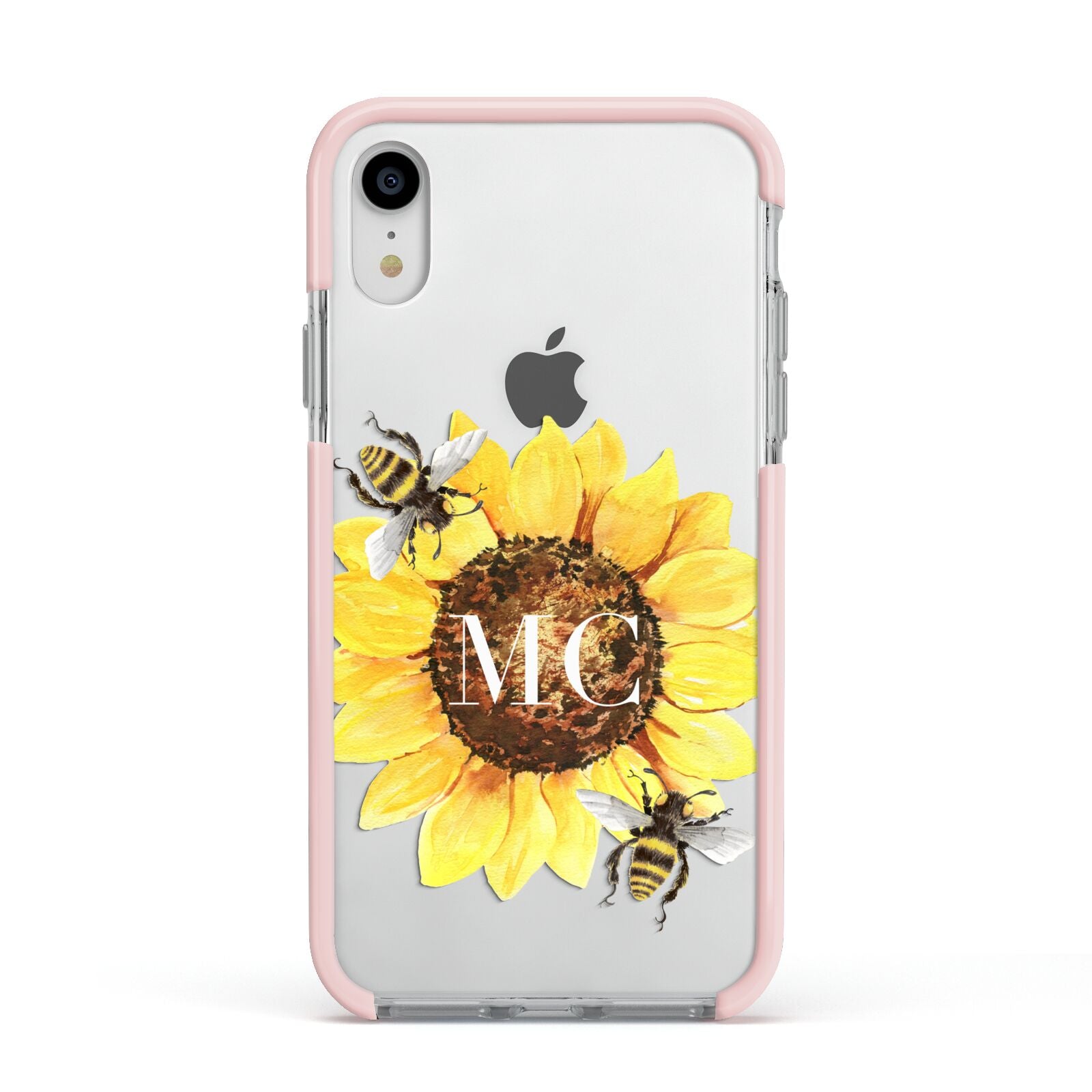 Monogrammed Sunflower with Little Bees Apple iPhone XR Impact Case Pink Edge on Silver Phone