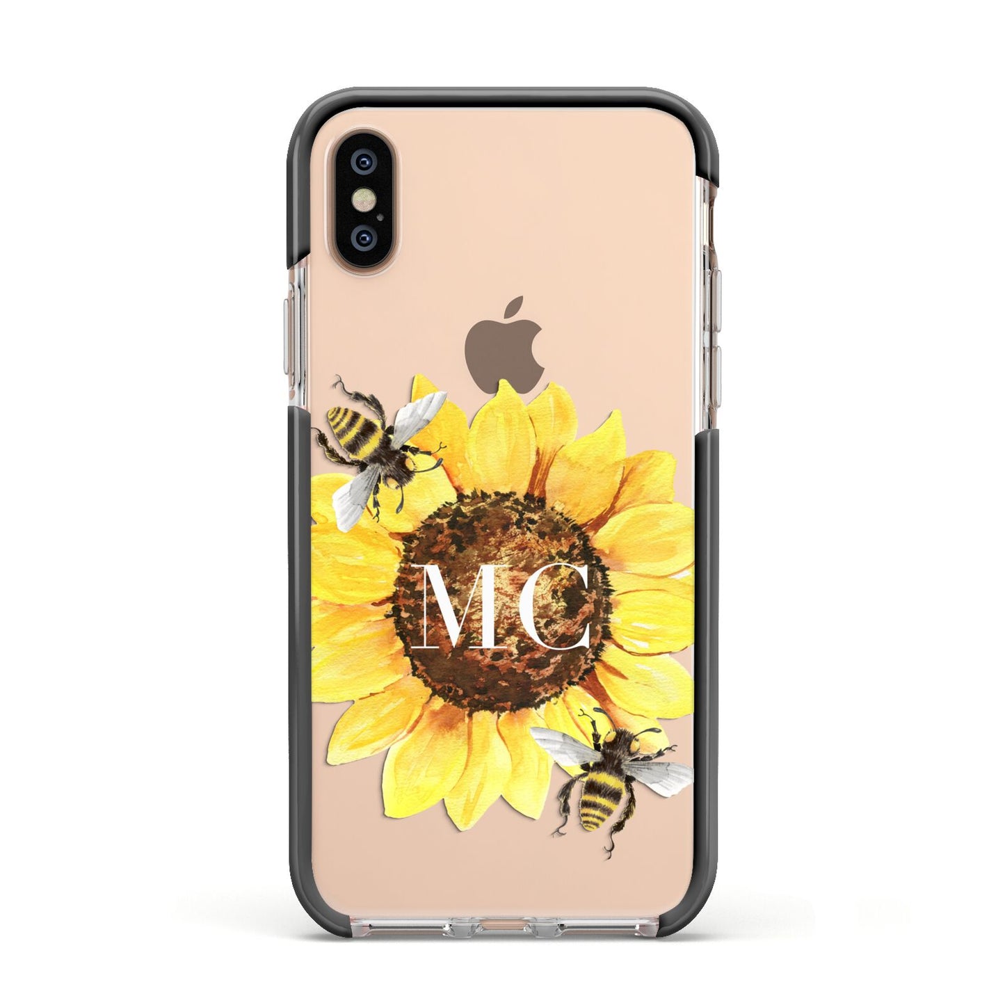 Monogrammed Sunflower with Little Bees Apple iPhone Xs Impact Case Black Edge on Gold Phone