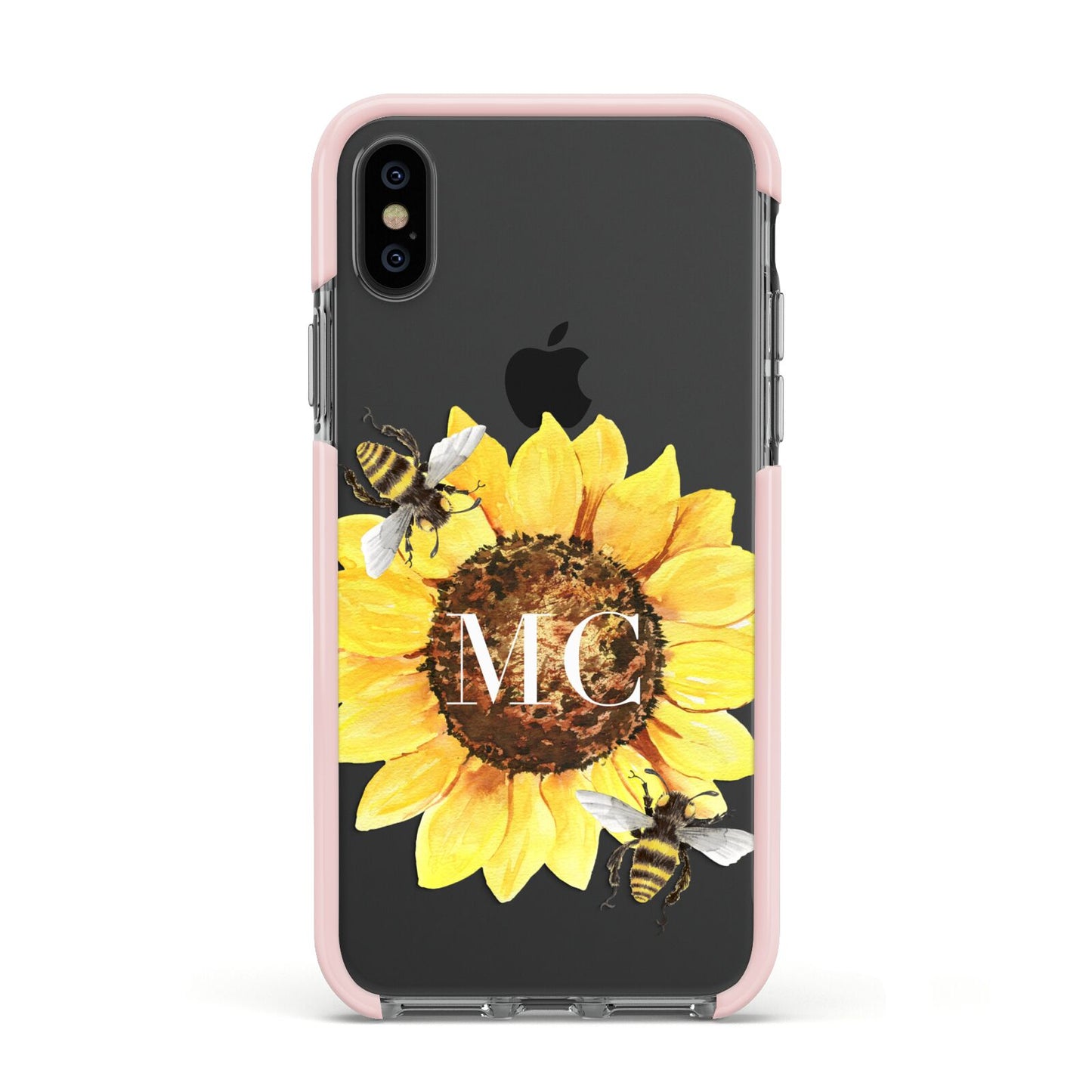Monogrammed Sunflower with Little Bees Apple iPhone Xs Impact Case Pink Edge on Black Phone