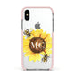 Monogrammed Sunflower with Little Bees Apple iPhone Xs Impact Case Pink Edge on Silver Phone