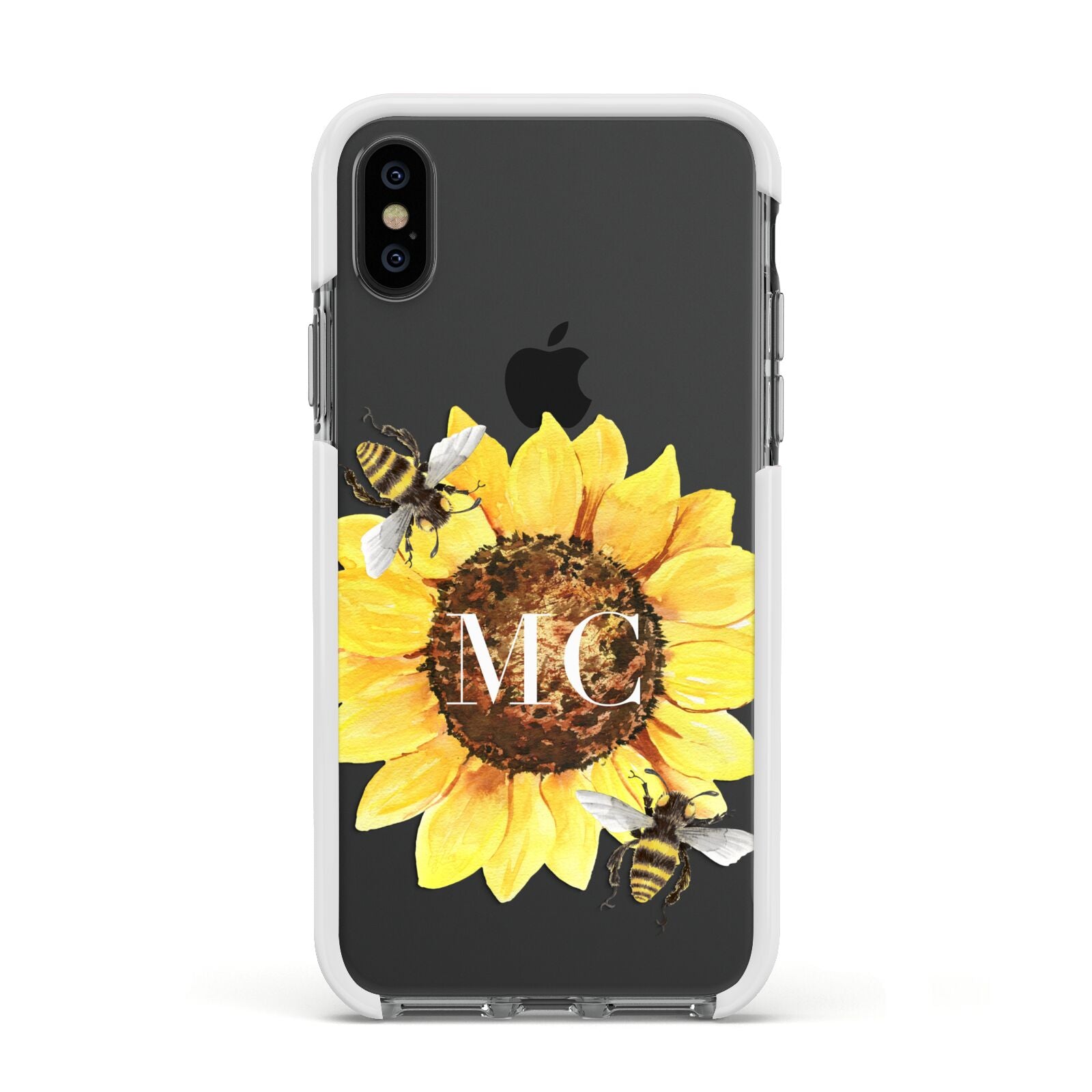 Monogrammed Sunflower with Little Bees Apple iPhone Xs Impact Case White Edge on Black Phone