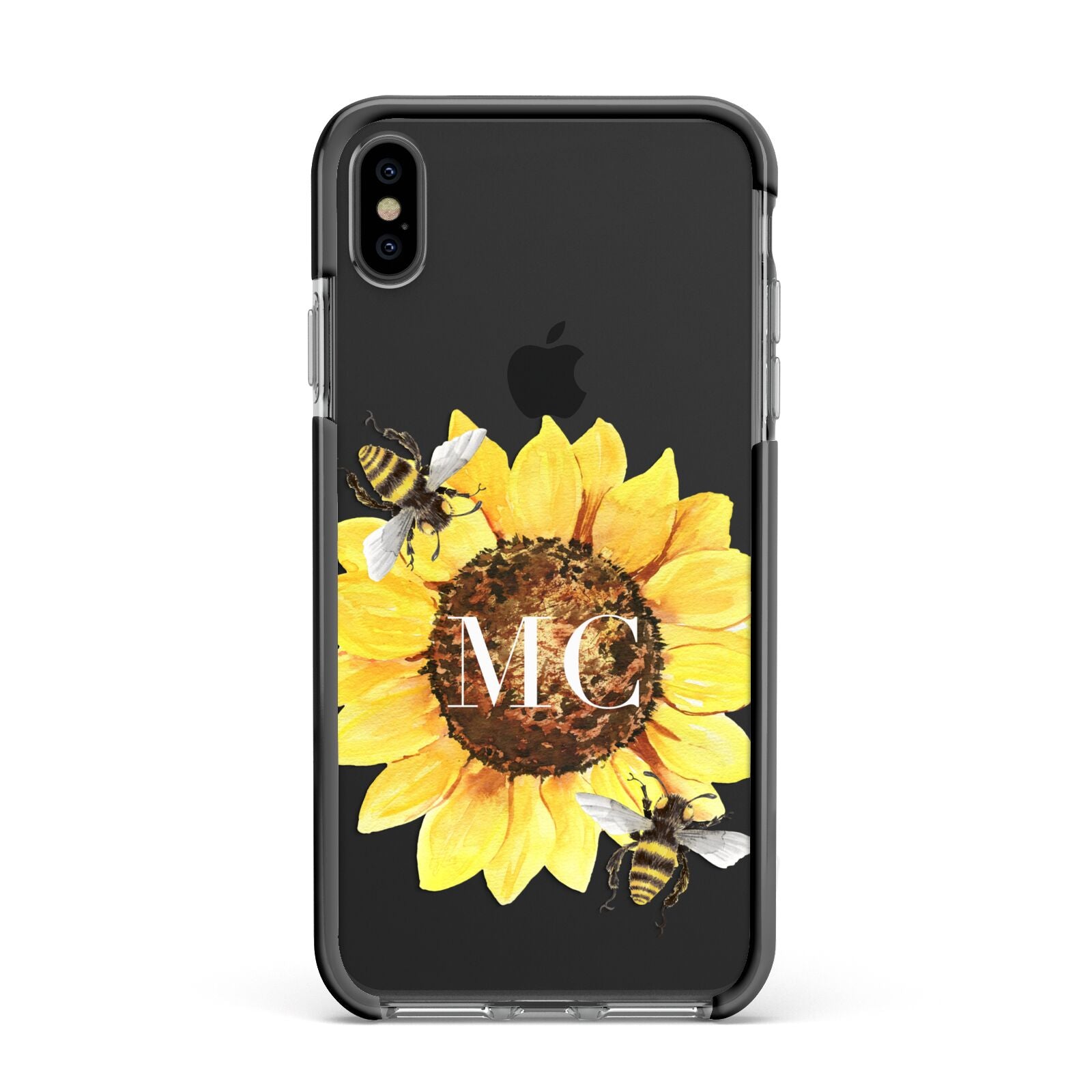 Monogrammed Sunflower with Little Bees Apple iPhone Xs Max Impact Case Black Edge on Black Phone