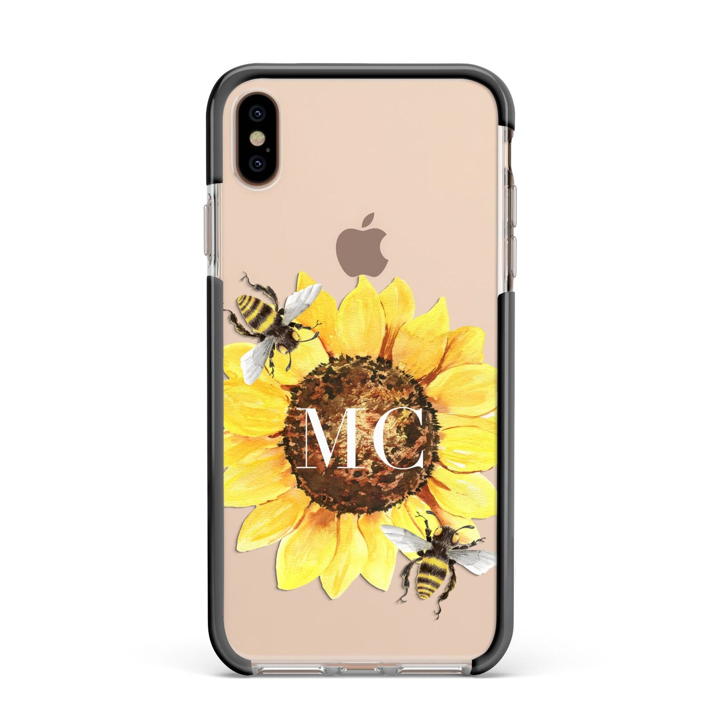 Monogrammed Sunflower with Little Bees Apple iPhone Xs Max Impact Case Black Edge on Gold Phone