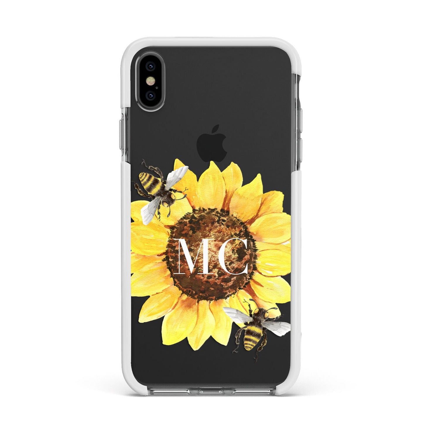 Monogrammed Sunflower with Little Bees Apple iPhone Xs Max Impact Case White Edge on Black Phone