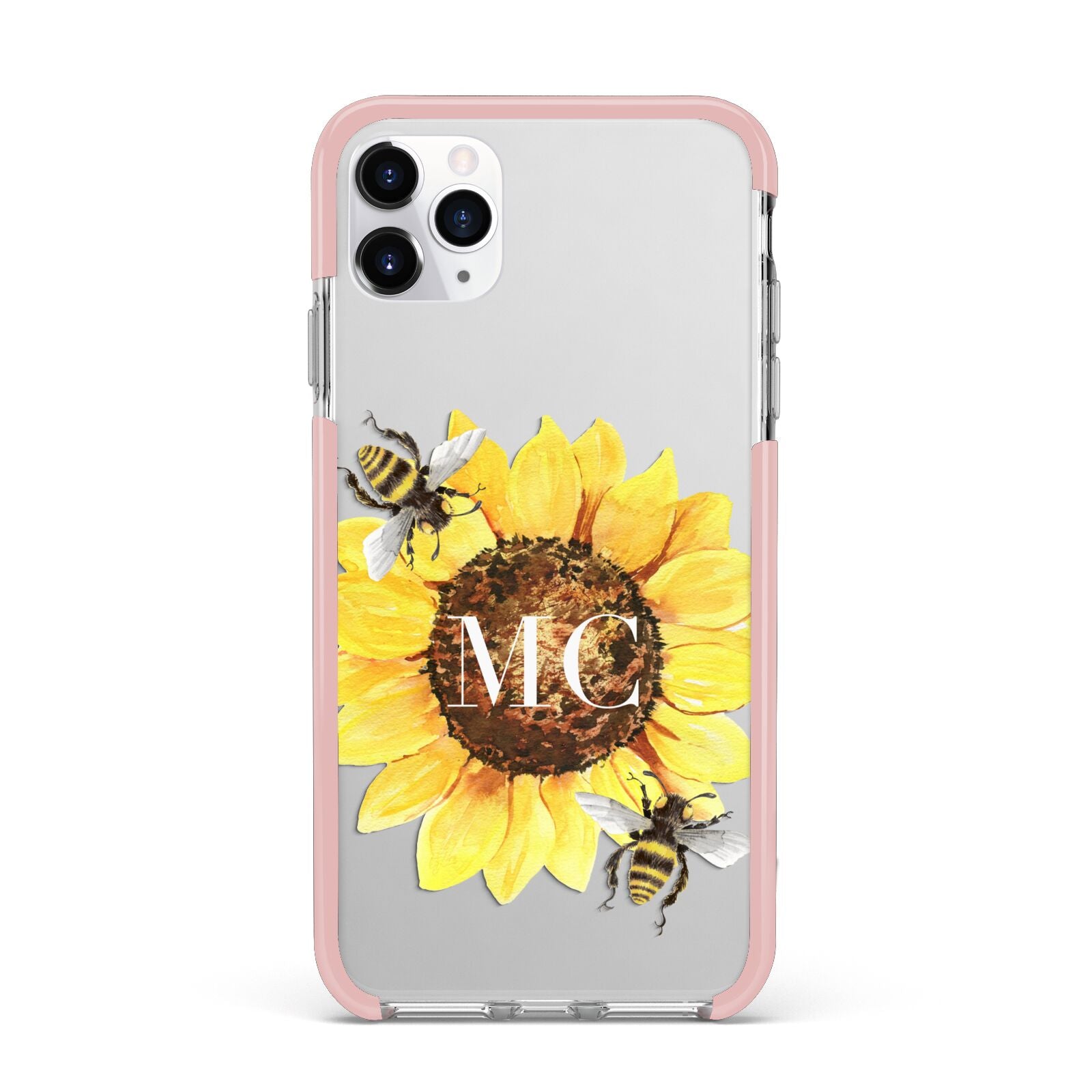 Monogrammed Sunflower with Little Bees iPhone 11 Pro Max Impact Pink Edge Case