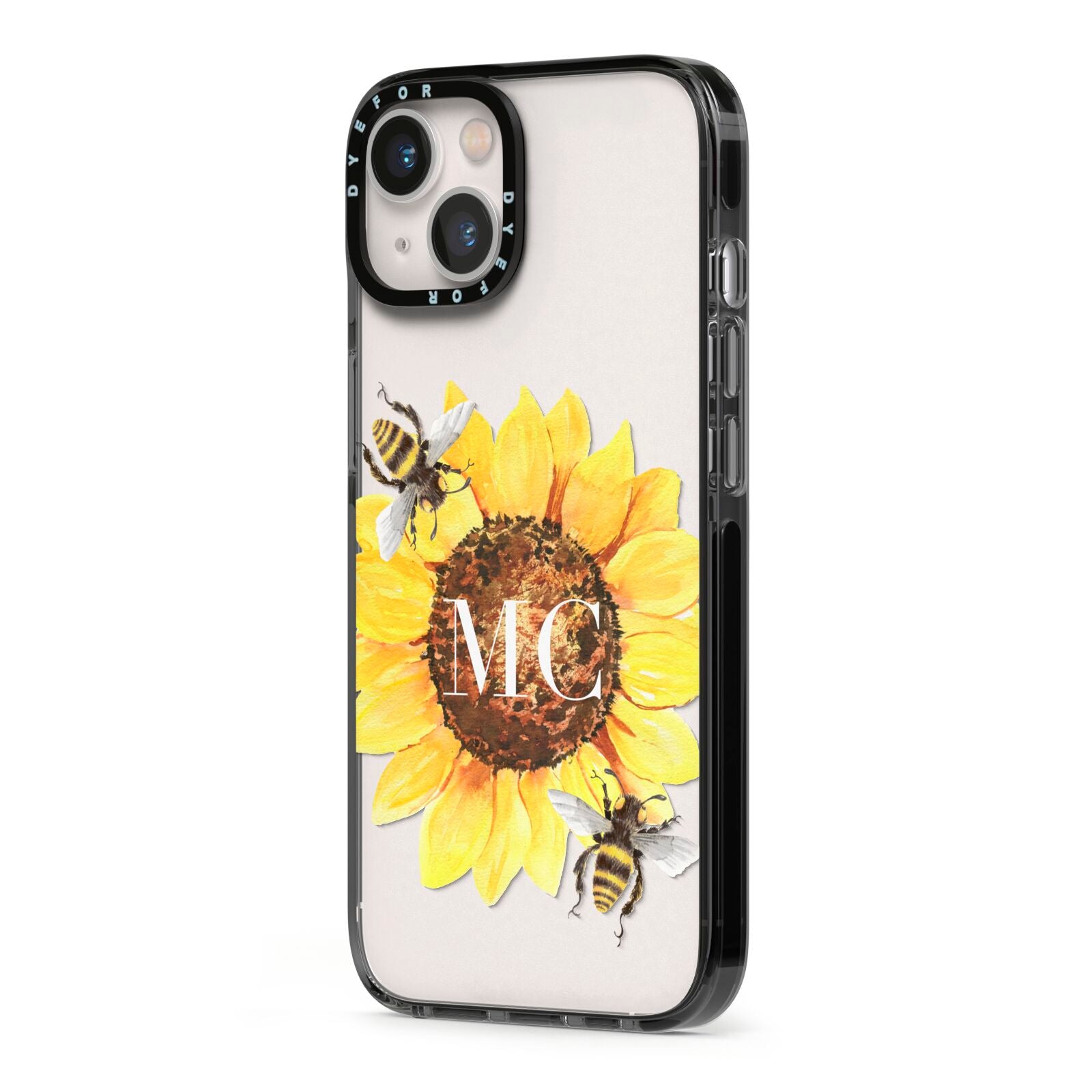 Monogrammed Sunflower with Little Bees iPhone 13 Black Impact Case Side Angle on Silver phone