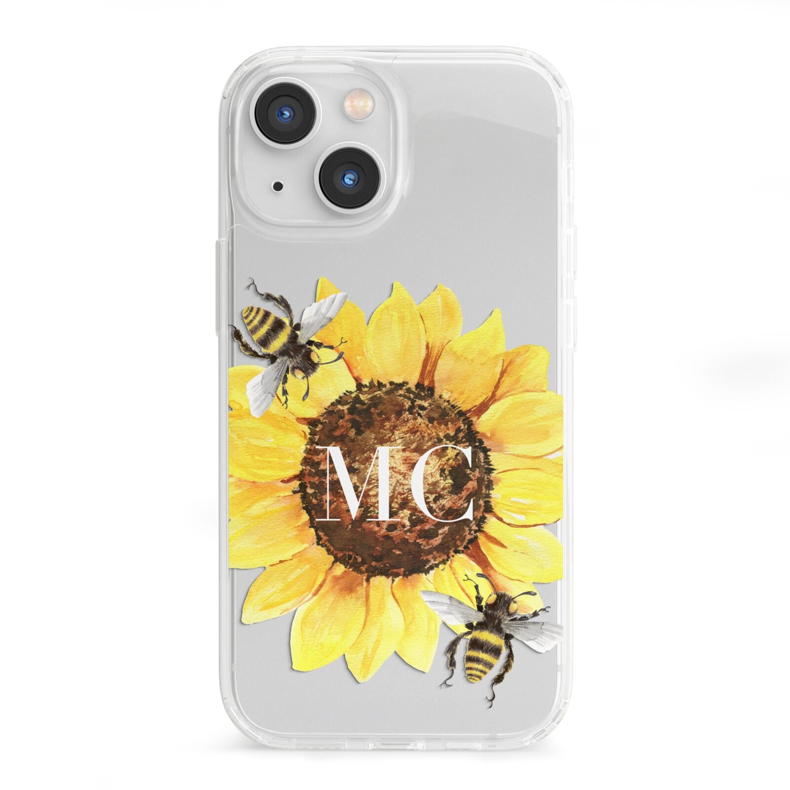 Monogrammed Sunflower with Little Bees iPhone 13 Mini Clear Bumper Case