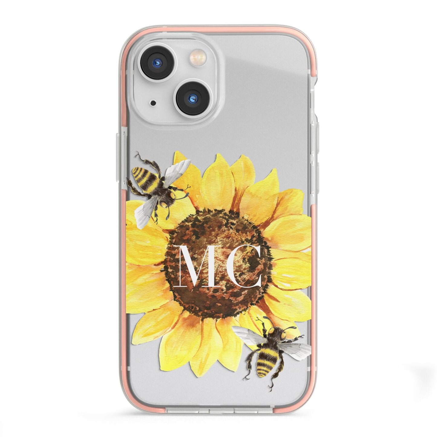 Monogrammed Sunflower with Little Bees iPhone 13 Mini TPU Impact Case with Pink Edges