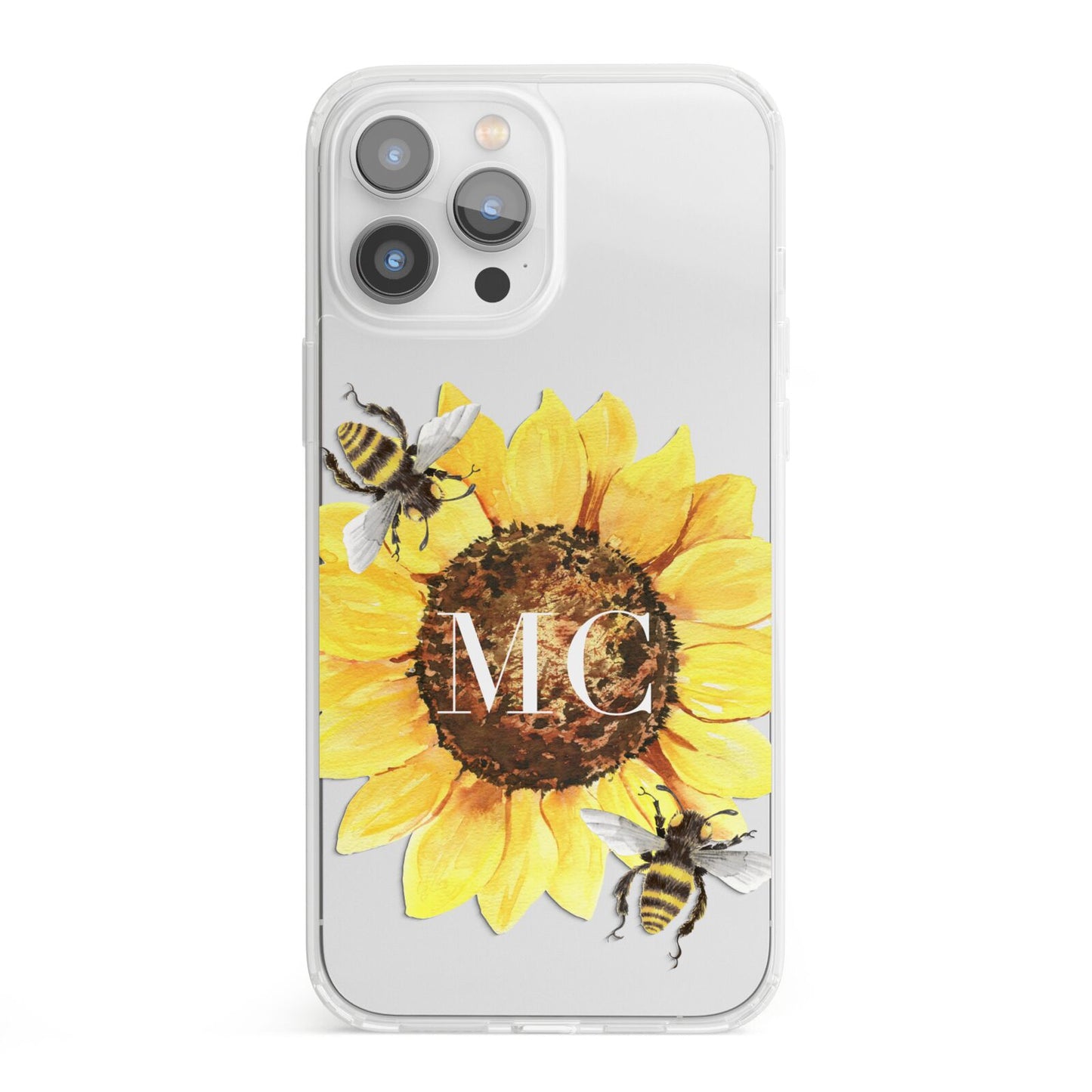 Monogrammed Sunflower with Little Bees iPhone 13 Pro Max Clear Bumper Case