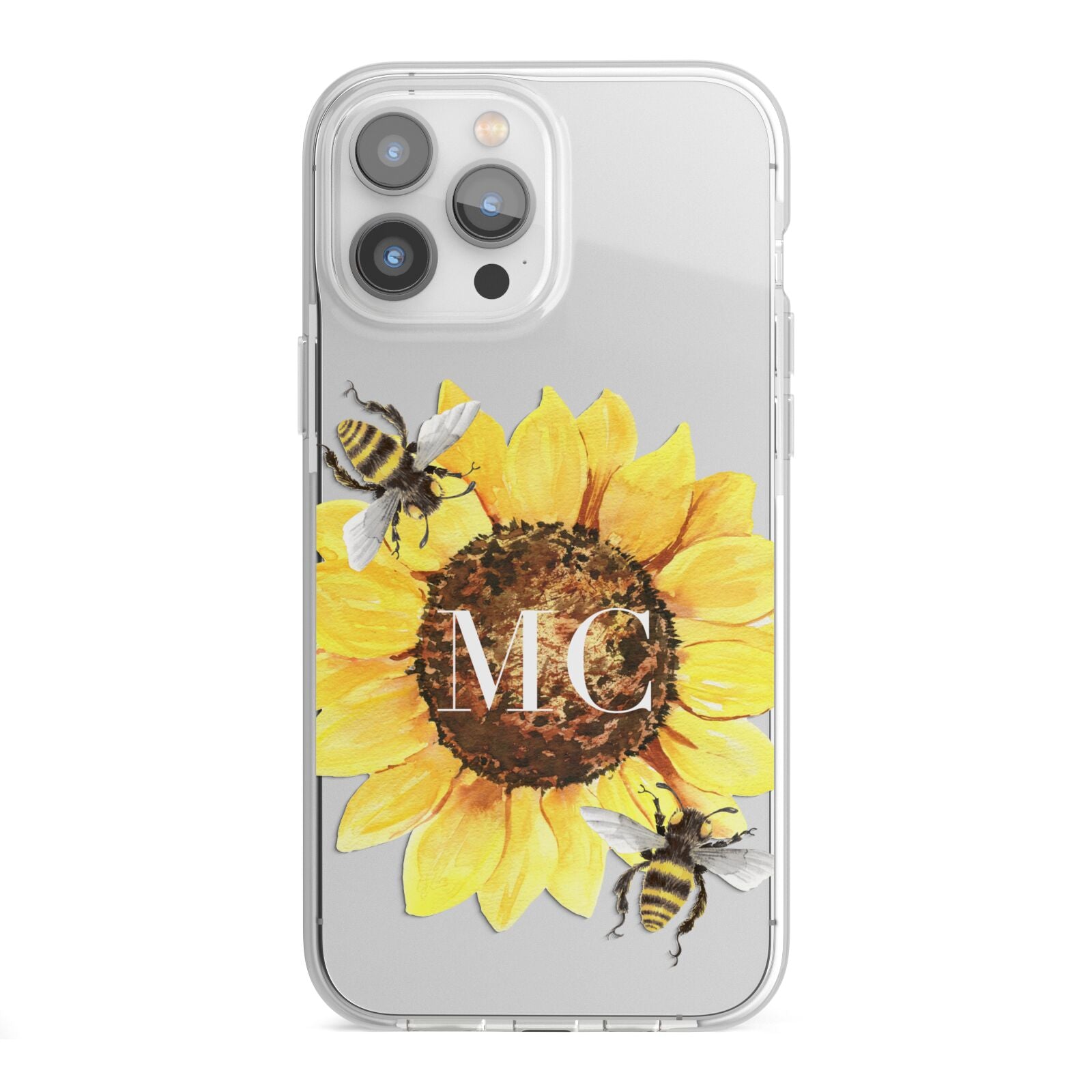 Monogrammed Sunflower with Little Bees iPhone 13 Pro Max TPU Impact Case with White Edges