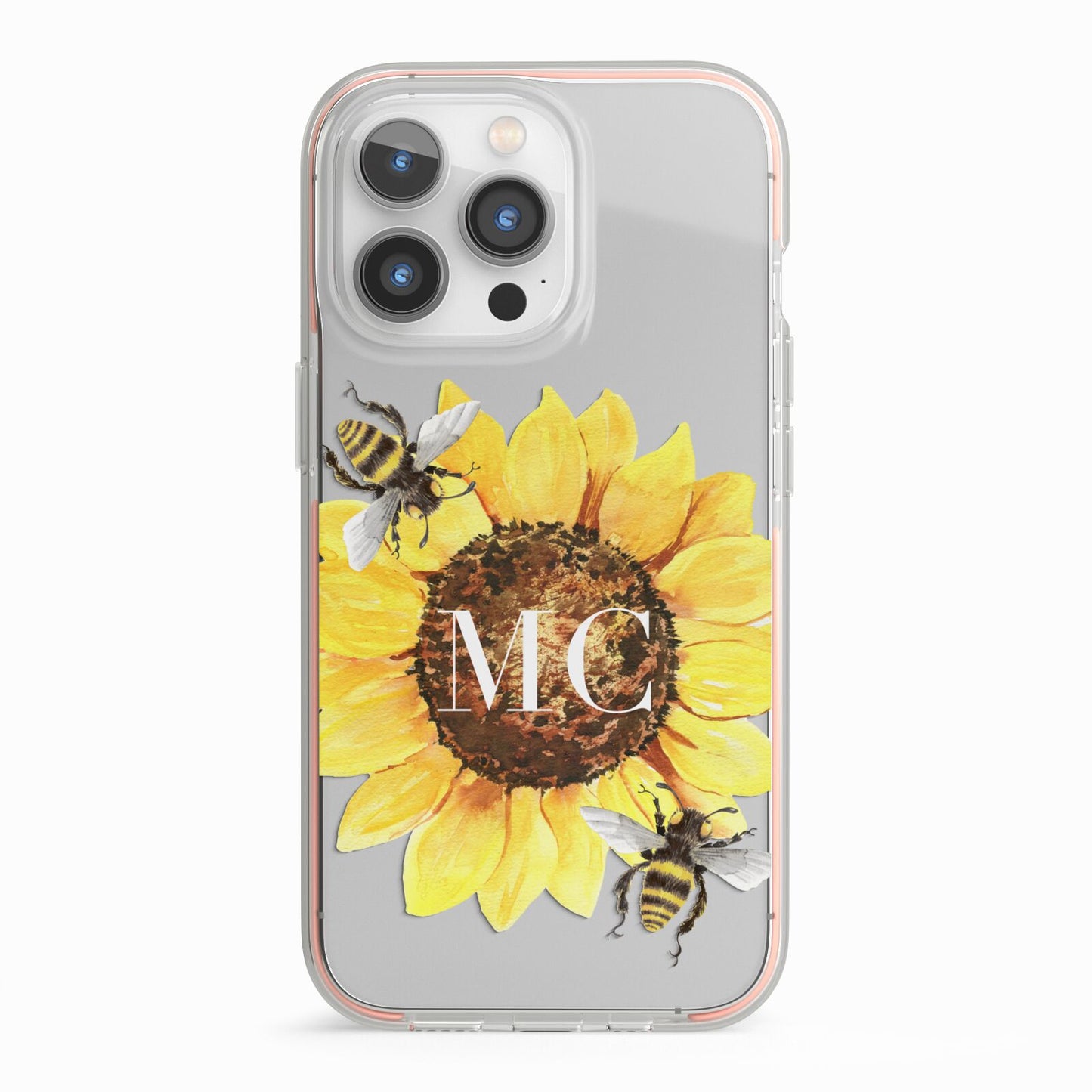 Monogrammed Sunflower with Little Bees iPhone 13 Pro TPU Impact Case with Pink Edges