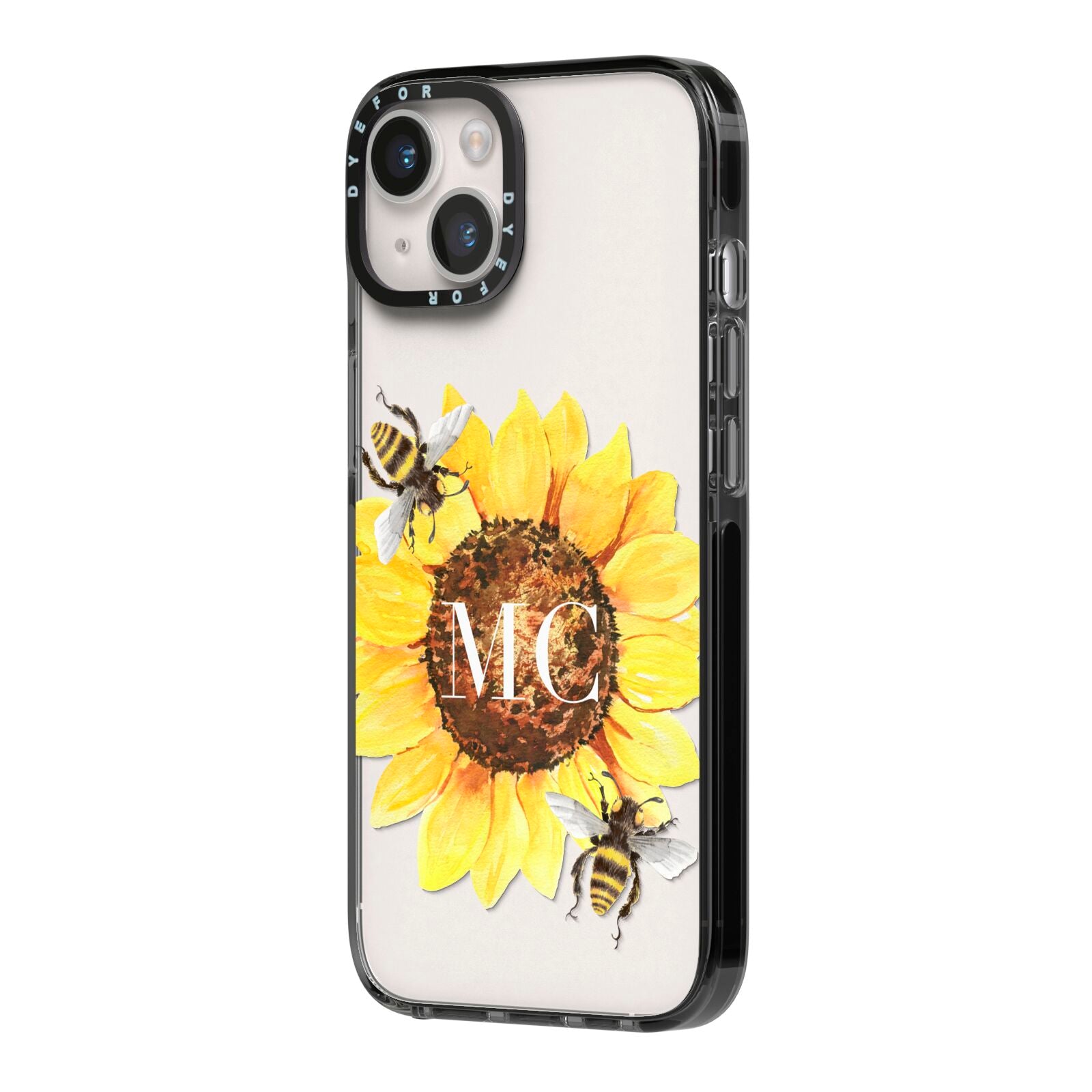 Monogrammed Sunflower with Little Bees iPhone 14 Black Impact Case Side Angle on Silver phone