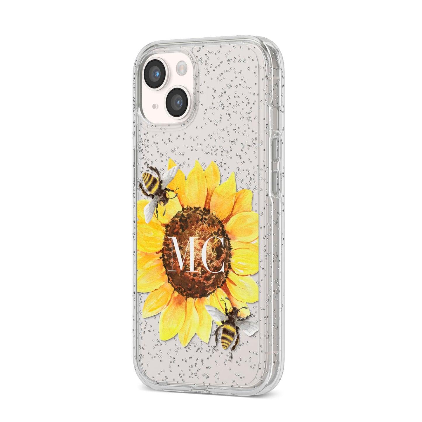 Monogrammed Sunflower with Little Bees iPhone 14 Glitter Tough Case Starlight Angled Image
