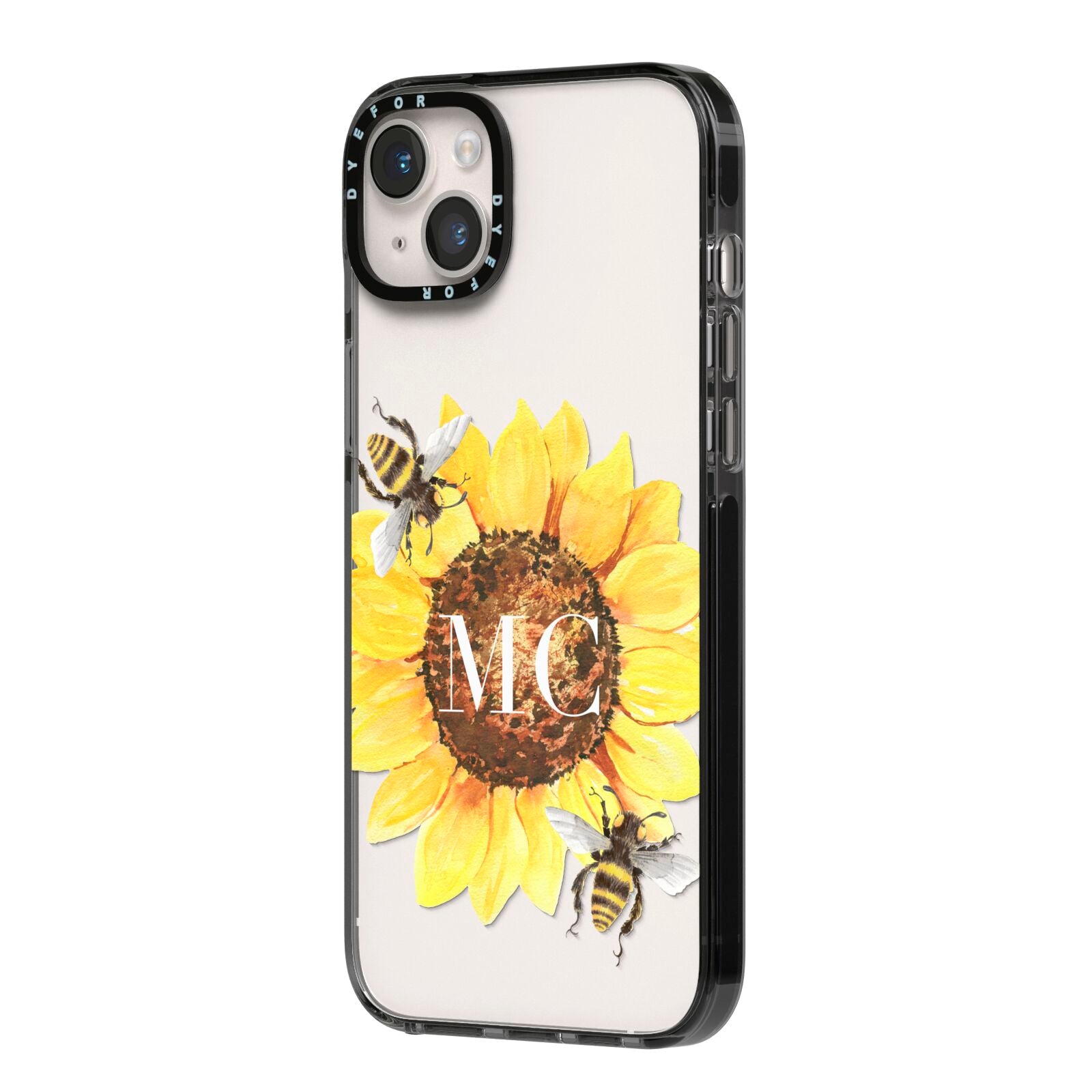 Monogrammed Sunflower with Little Bees iPhone 14 Plus Black Impact Case Side Angle on Silver phone