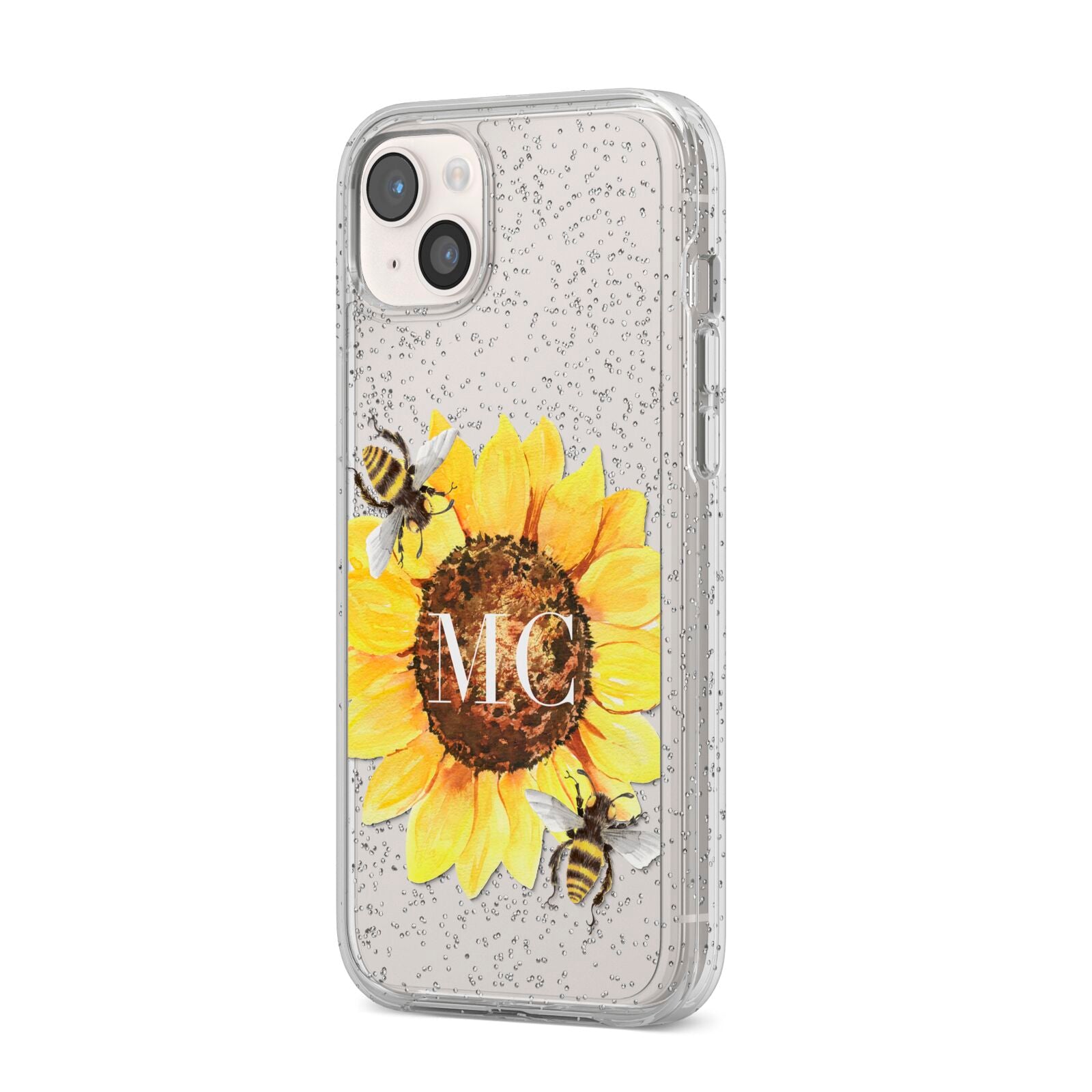 Monogrammed Sunflower with Little Bees iPhone 14 Plus Glitter Tough Case Starlight Angled Image
