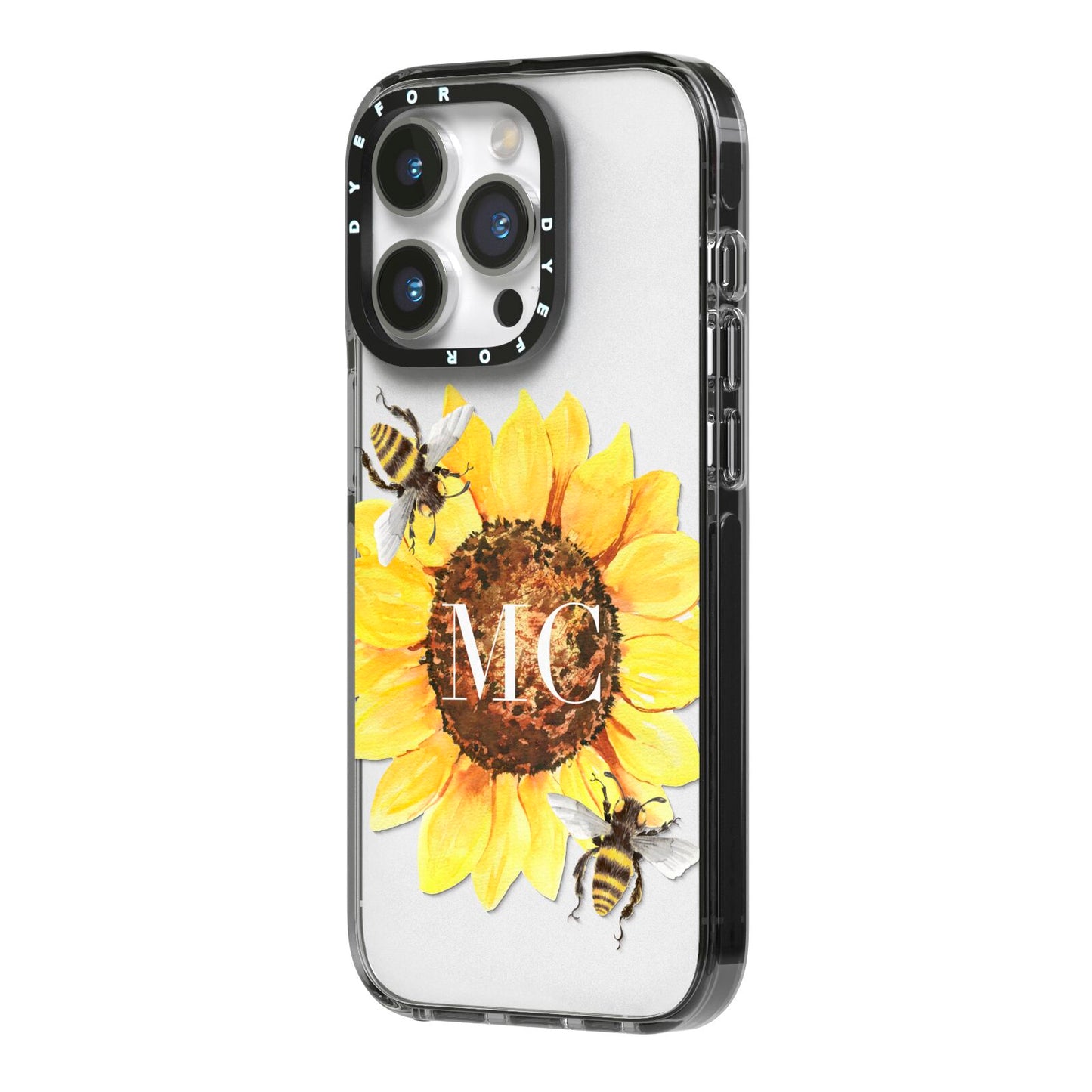 Monogrammed Sunflower with Little Bees iPhone 14 Pro Black Impact Case Side Angle on Silver phone