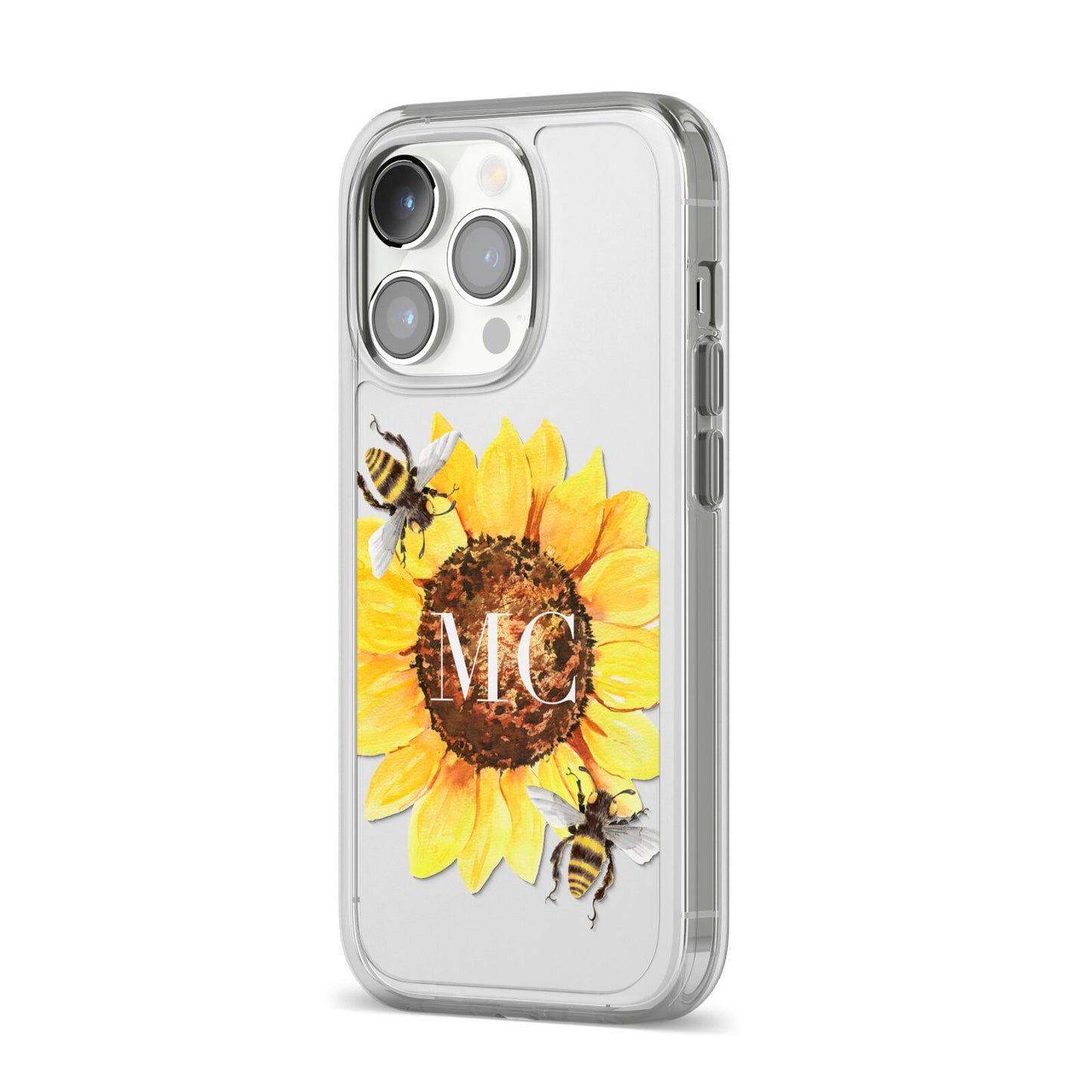 Monogrammed Sunflower with Little Bees iPhone 14 Pro Clear Tough Case Silver Angled Image