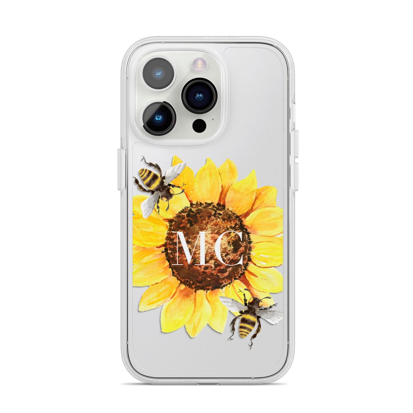 Monogrammed Sunflower with Little Bees iPhone 14 Pro Clear Tough Case Silver