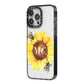 Monogrammed Sunflower with Little Bees iPhone 14 Pro Max Black Impact Case Side Angle on Silver phone