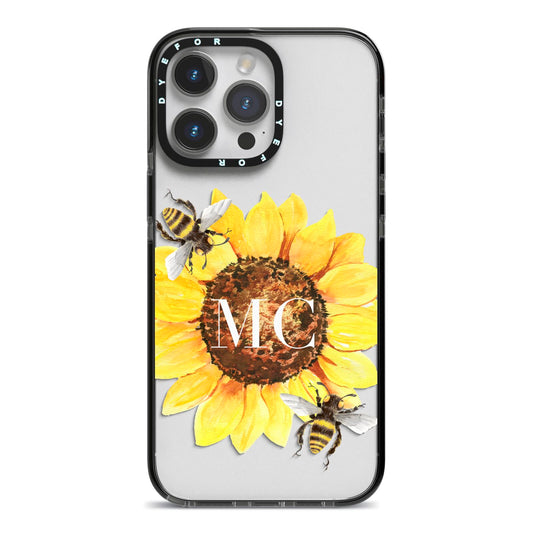 Monogrammed Sunflower with Little Bees iPhone 14 Pro Max Black Impact Case on Silver phone