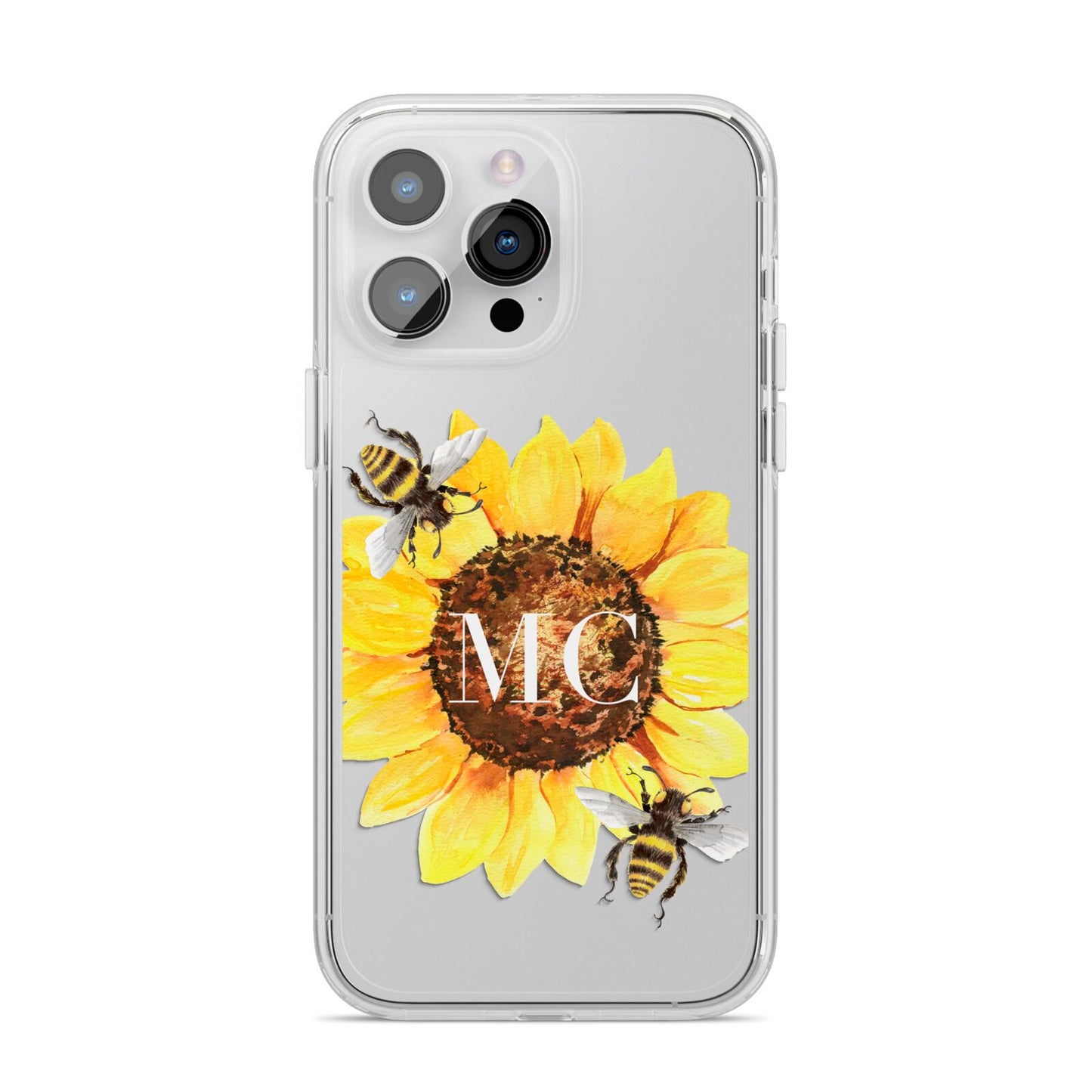 Monogrammed Sunflower with Little Bees iPhone 14 Pro Max Clear Tough Case Silver