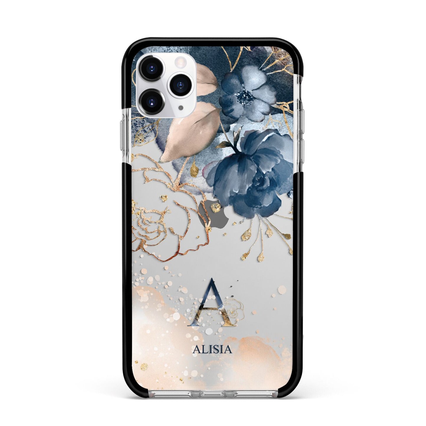 Monogrammed Watercolour Flower Elements Apple iPhone 11 Pro Max in Silver with Black Impact Case