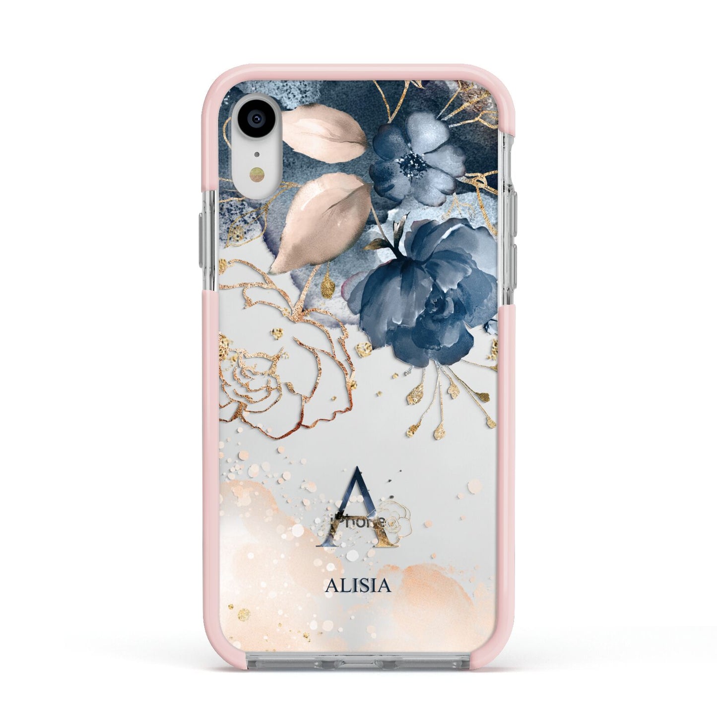 Monogrammed Watercolour Flower Elements Apple iPhone XR Impact Case Pink Edge on Silver Phone