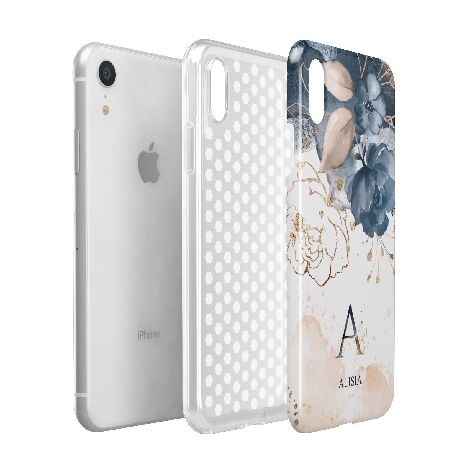Monogrammed Watercolour Flower Elements Apple iPhone XR White 3D Tough Case Expanded view