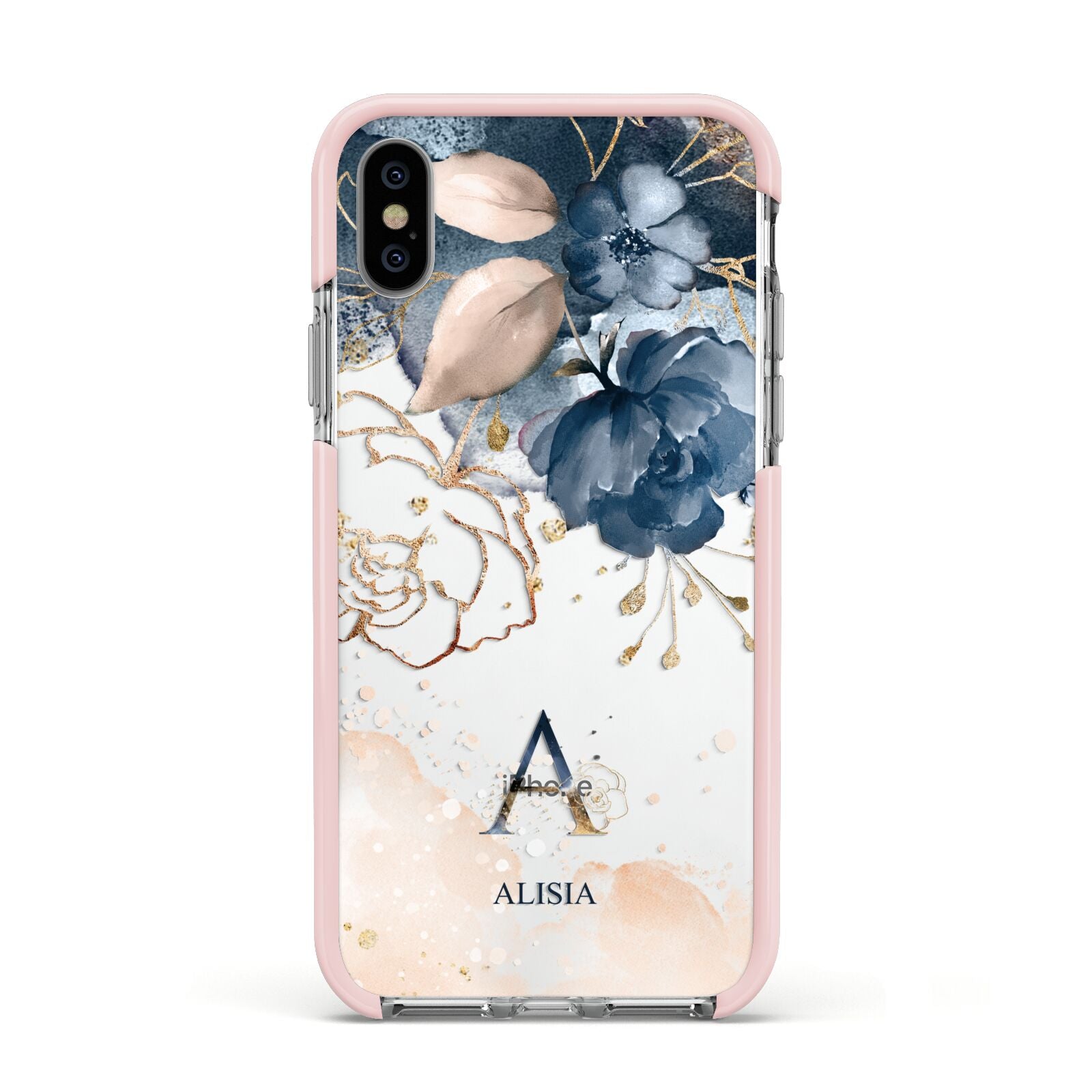 Monogrammed Watercolour Flower Elements Apple iPhone Xs Impact Case Pink Edge on Silver Phone