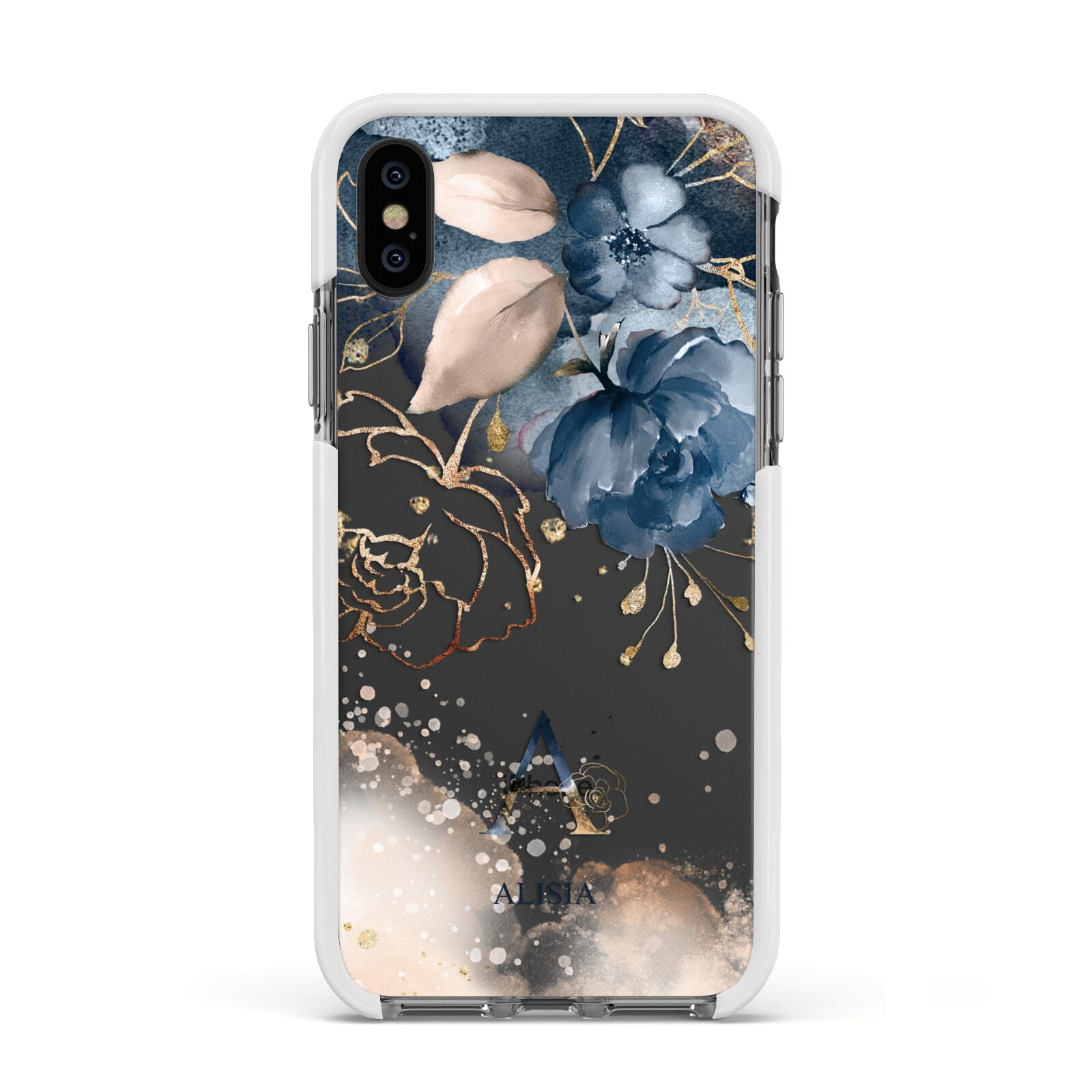 Monogrammed Watercolour Flower Elements Apple iPhone Xs Impact Case White Edge on Black Phone