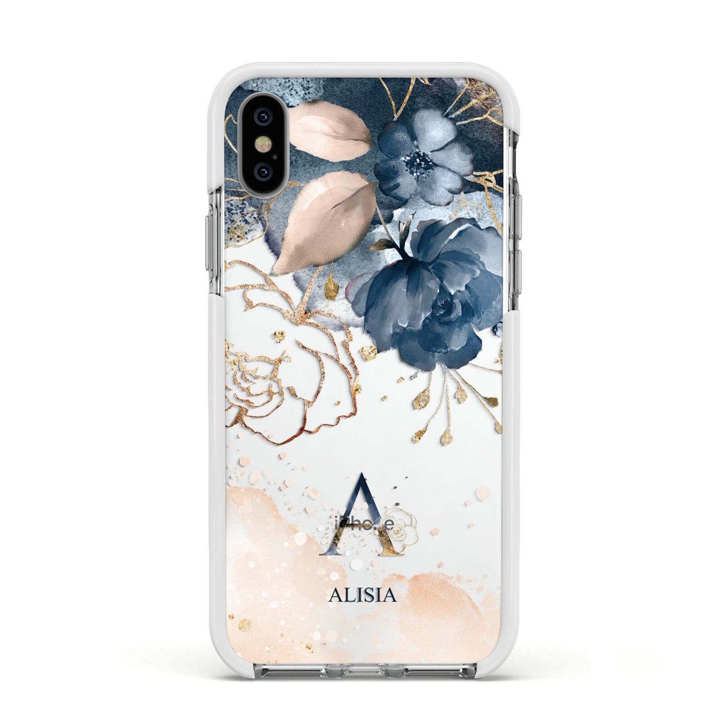 Monogrammed Watercolour Flower Elements Apple iPhone Xs Impact Case White Edge on Silver Phone