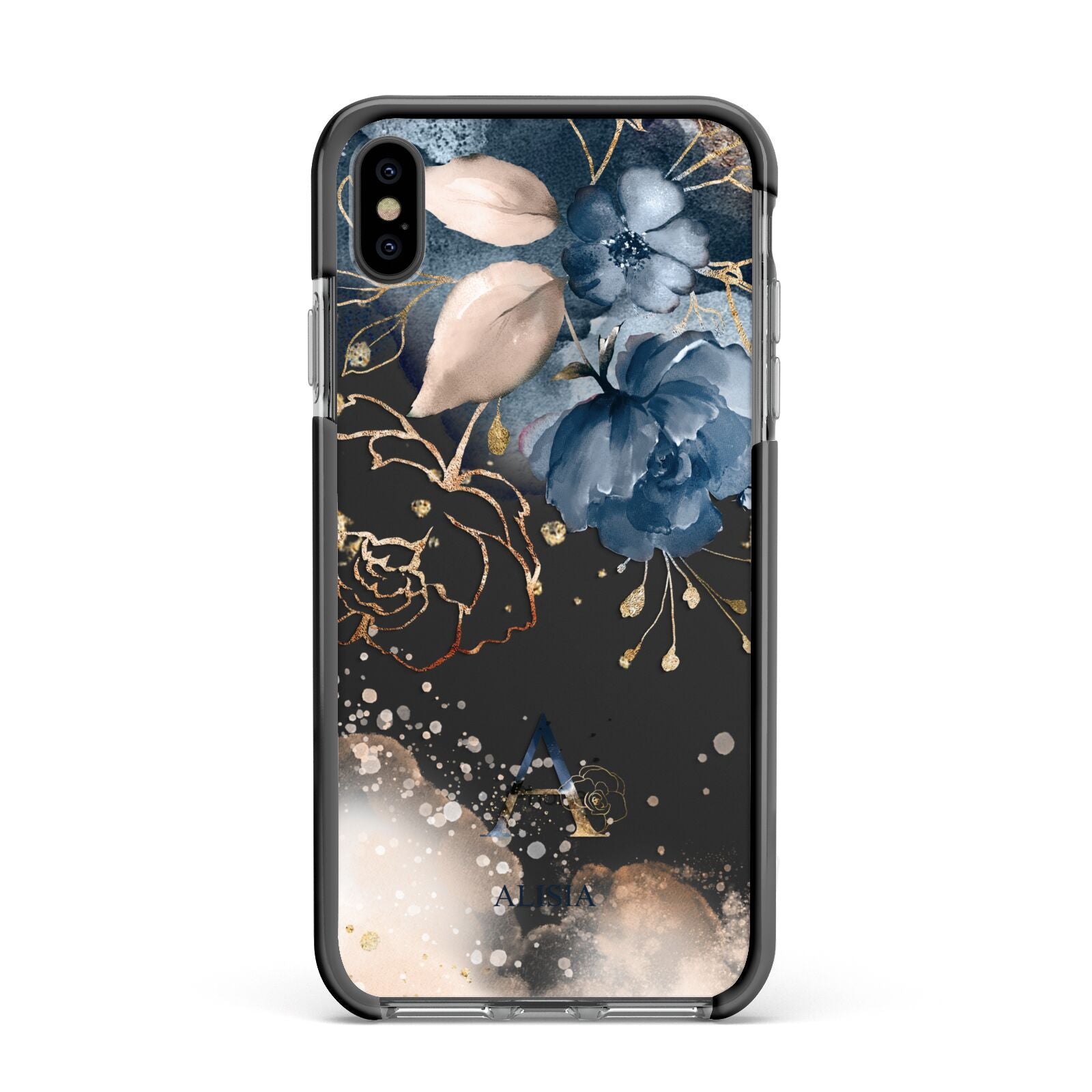 Monogrammed Watercolour Flower Elements Apple iPhone Xs Max Impact Case Black Edge on Black Phone