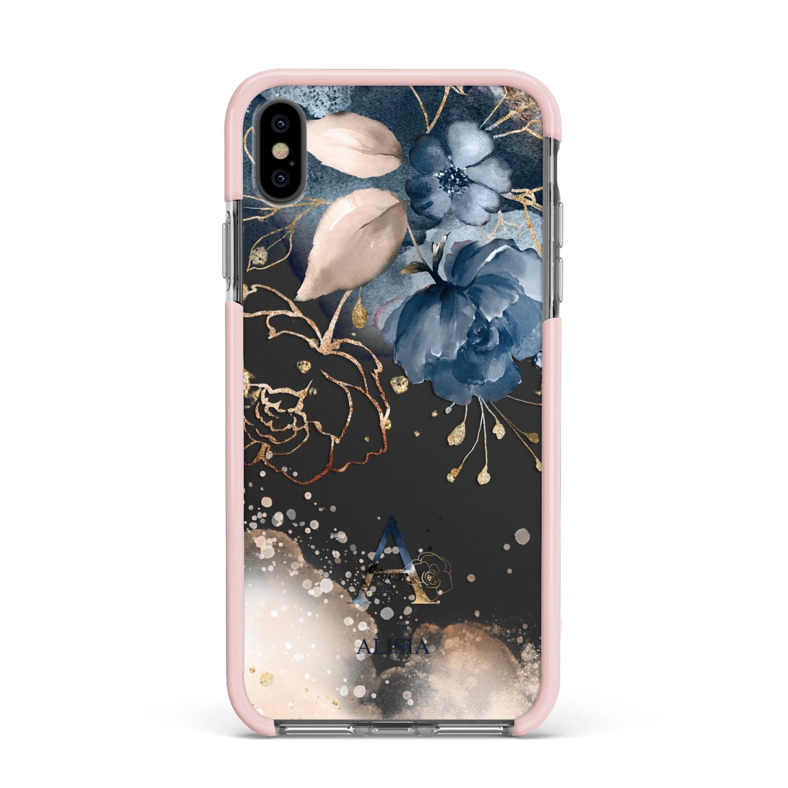 Monogrammed Watercolour Flower Elements Apple iPhone Xs Max Impact Case Pink Edge on Black Phone
